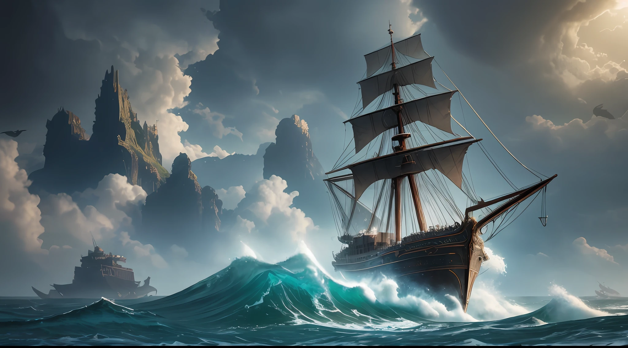 Gigantic Cthulhu in the ocean with its wings spread, small ships around it, storm, cinematic, detailed, atmospheric, epic, concept art, matte painting, lighting wells, mist, photo – realistic, volumetric light, cinematic epic + rule of thirds | 3 5 mm, 8 k, corona render, movie concept art, octane render, cinematic, trending on artstation, movie concept art, film composition, ultra – detailed, realistic, hyper – realistic, volumetric lighting, 8 k --auto --s2