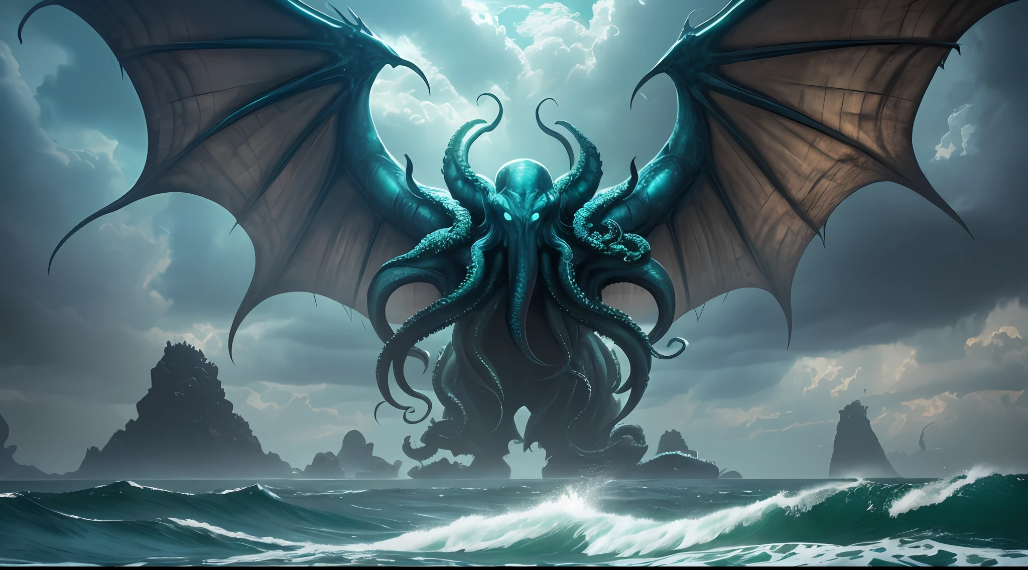 Gigantic Cthulhu in the ocean with its wings spread, small ships around it, storm, cinematic, detailed, atmospheric, epic, concept art, matte painting, lighting wells, mist, photo – realistic, volumetric light, cinematic epic + rule of thirds | 3 5 mm, 8 k, corona render, movie concept art, octane render, cinematic, trending on artstation, movie concept art, film composition, ultra – detailed, realistic, hyper – realistic, volumetric lighting, 8 k --auto --s2