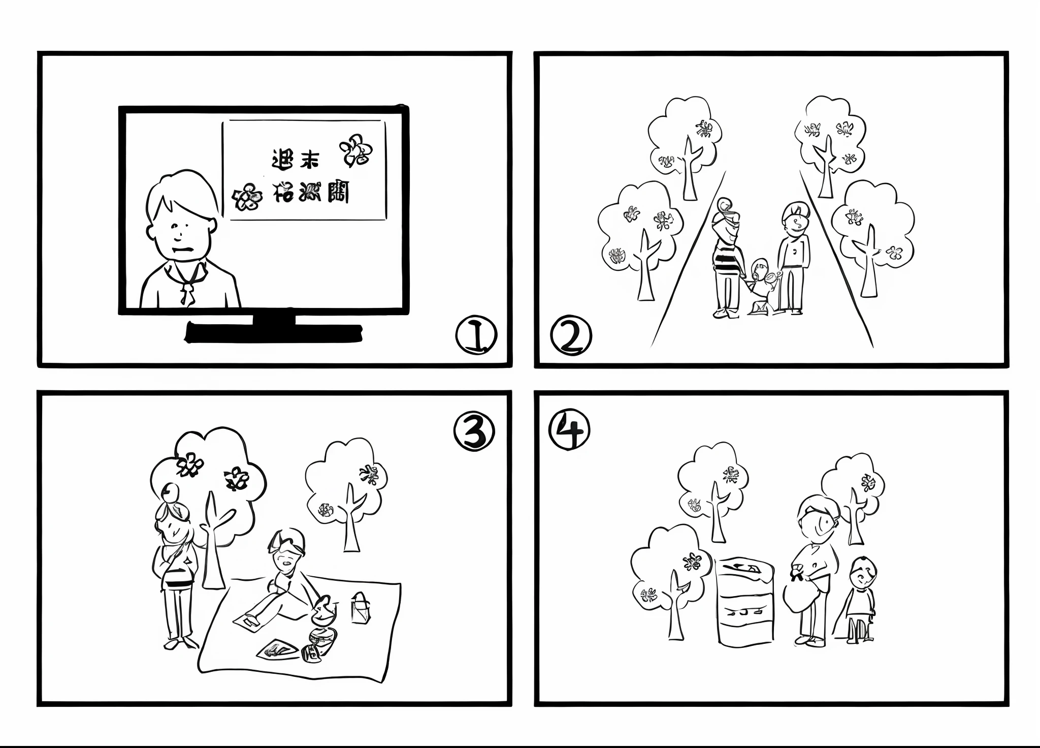 a cartoon of a series of four pictures with a man and a woman, storyboard, story board format, storyboarding, how to, brilliant, black and white illustration, animatic, how-to, whole page illustration, illustrative story telling, visual storytelling, hand - drawn animation, desenho, 2 d game lineart behance hd --auto --s2