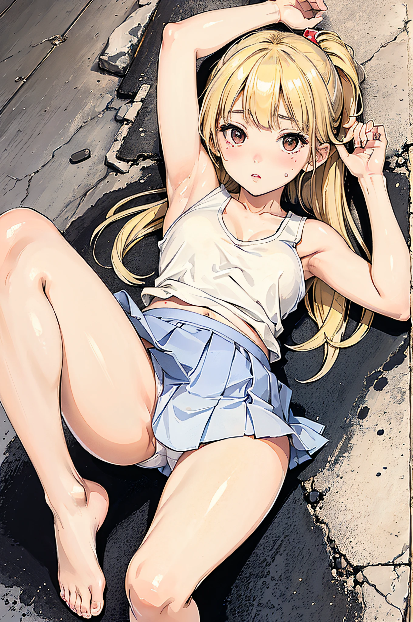(masterpiece, best quality, high resolution), (Anna Tanaka), blonde schoolgirl in tank top and miniskirt, white ultra-thin panties, one girl, nsfw, looking up from under her feet, sweat