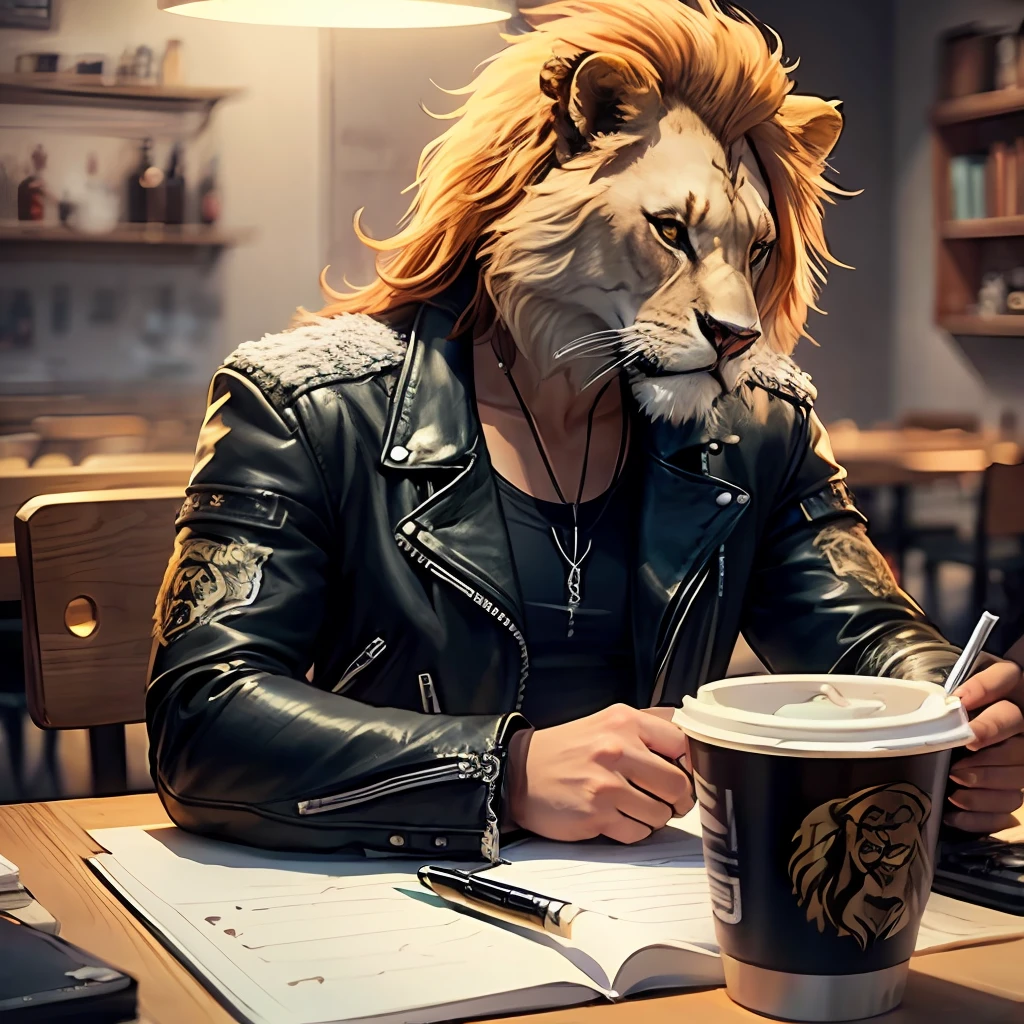 Lion biker, wearing leather jacket, drinking coffee, dash drawing scribbles, black and arm --auto --s2