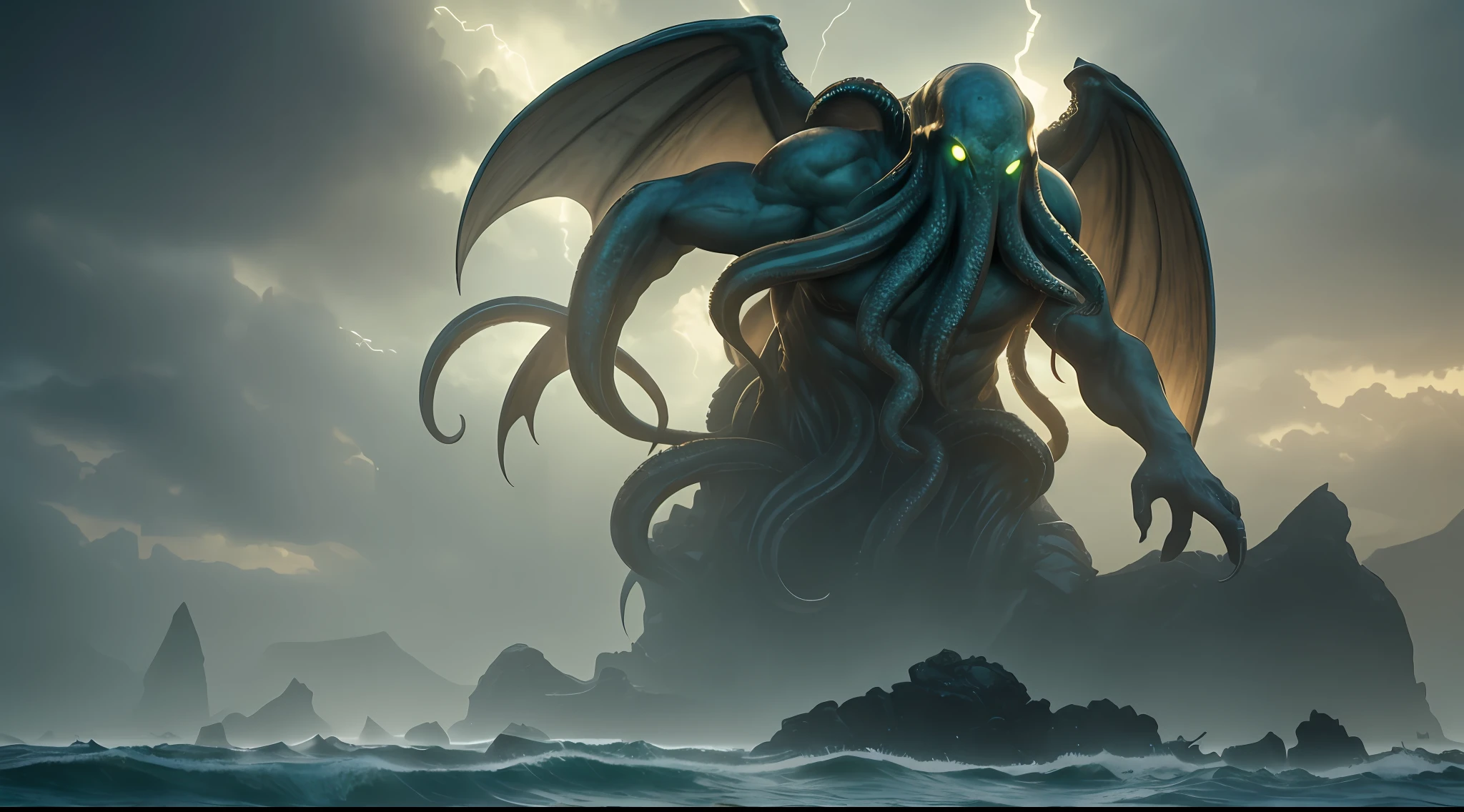 Cthulhu in the ocean with its open wings, storm, cinematic, detailed, atmospheric, epic, concept art, matte painting, lighting wells, mist, photo – realistic, volumetric light, cinematic epic + rule of thirds | 3 5 mm, 8 k, corona render, movie concept art, octane render, cinematic, trending on artstation, movie concept art, film composition, ultra – detailed, realistic, hyper – realistic, volumetric lighting, 8 k --auto --s2