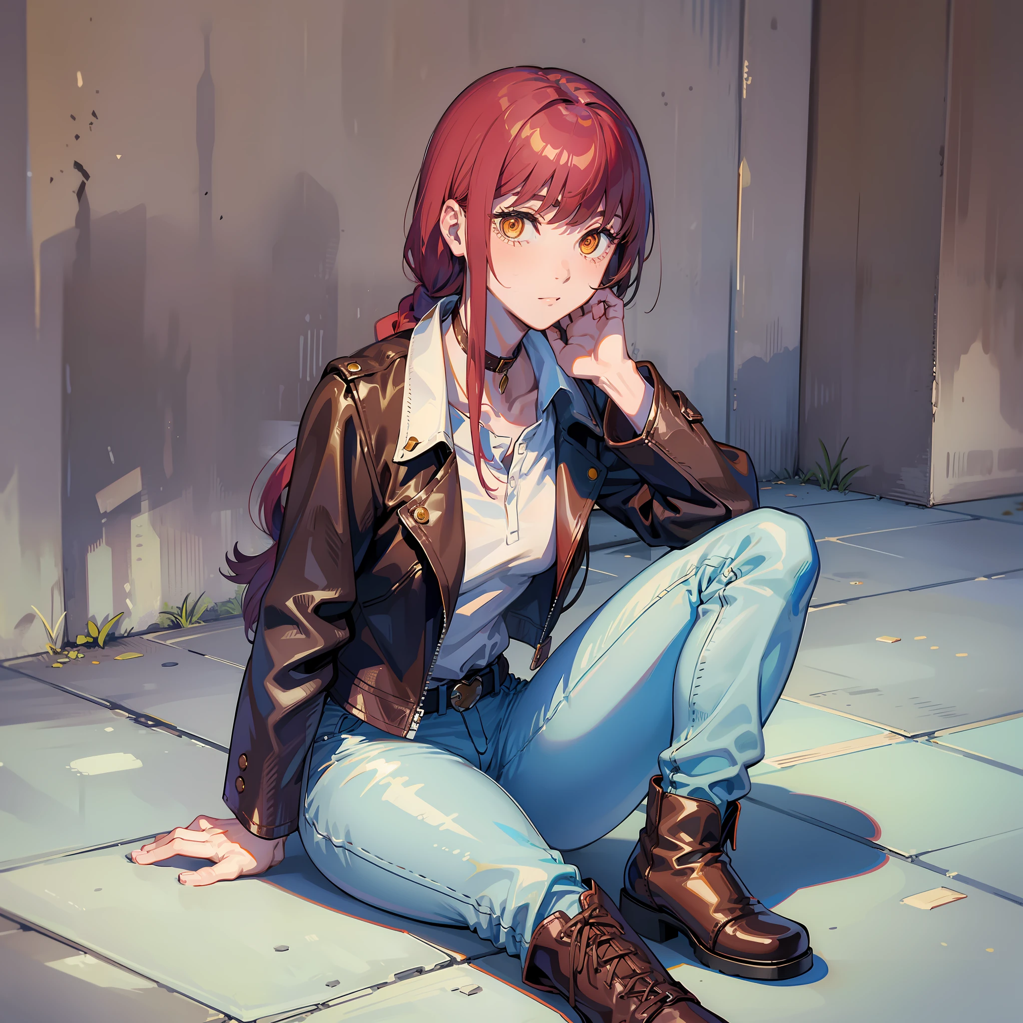 Makima, White Shirt, Long Sleeves, Classic Collar, Tight Blue Jeans, Black Leather Jacket, Brown Leather Boots, Single Collar