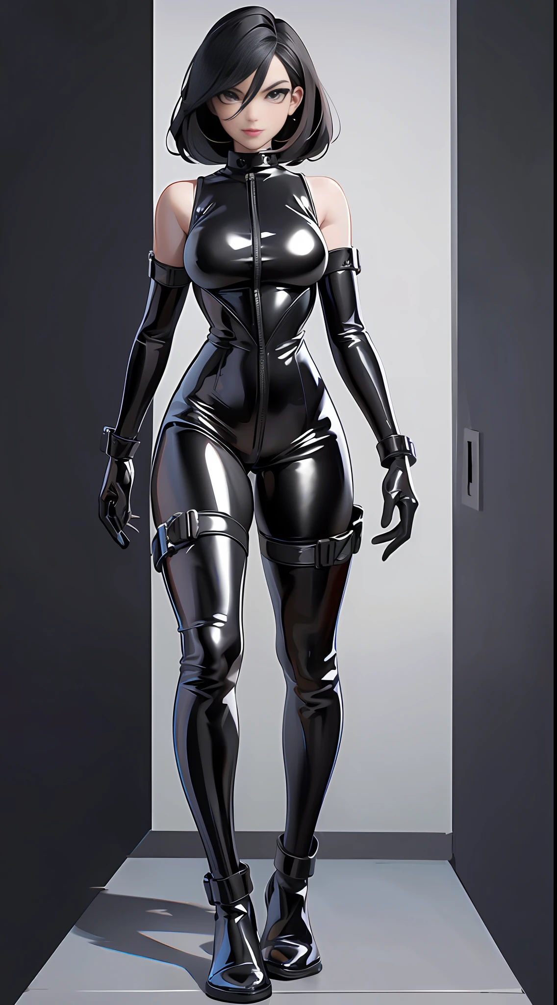 full body picture Unreal Engine 5 8K UHD of beautiful female, black tight latex catsuit, two leather belts on hip, latex body harness, latex long sock, latex long glove, arm cuffs on biceps and wrists, leg cuffs on thighs and ankles, beautiful make up, best quality, masterpiece