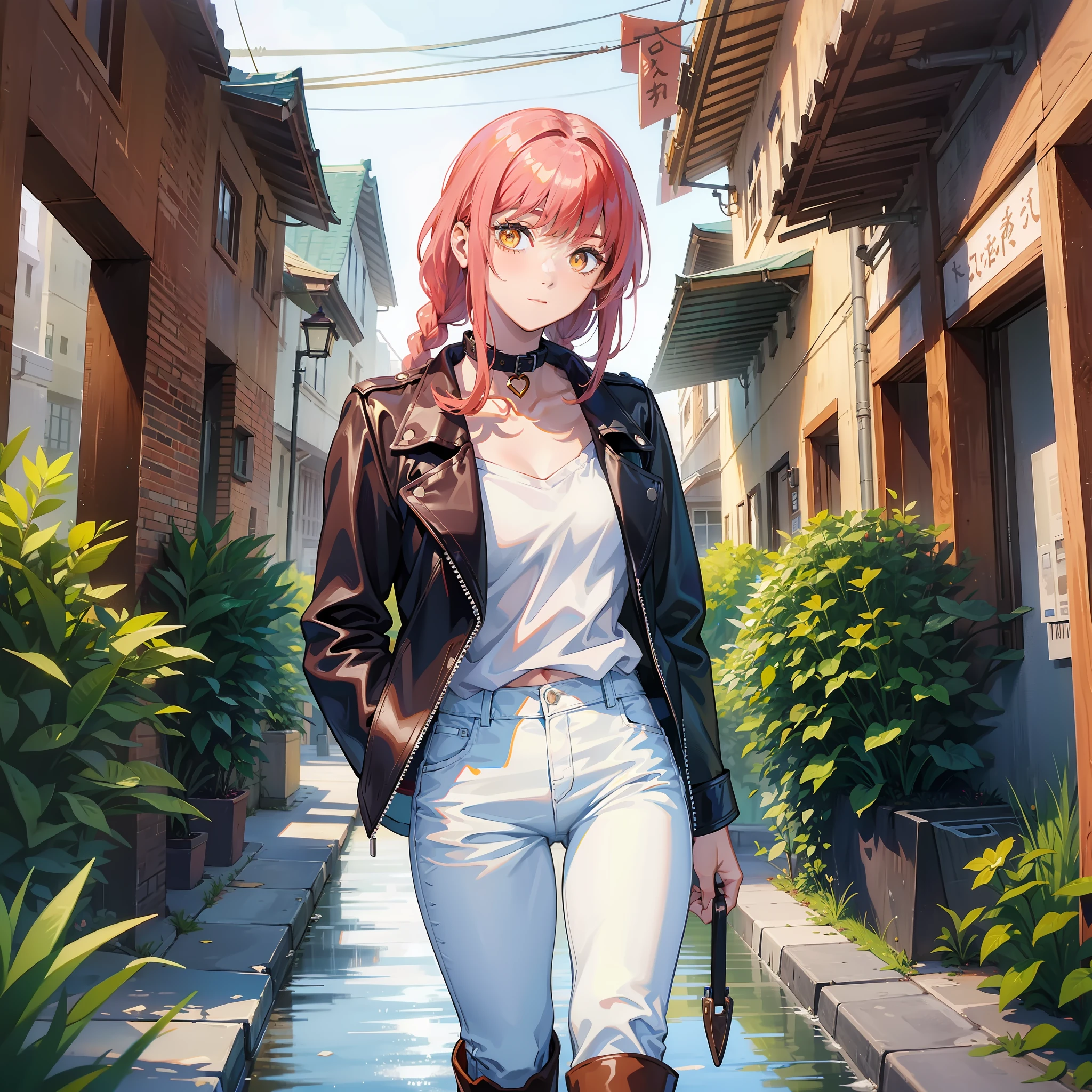 Makima, White Shirt, Long Sleeves, Classic Collar, Tight Blue Jeans, Black Leather Jacket, Brown Leather Boots, Single Collar
