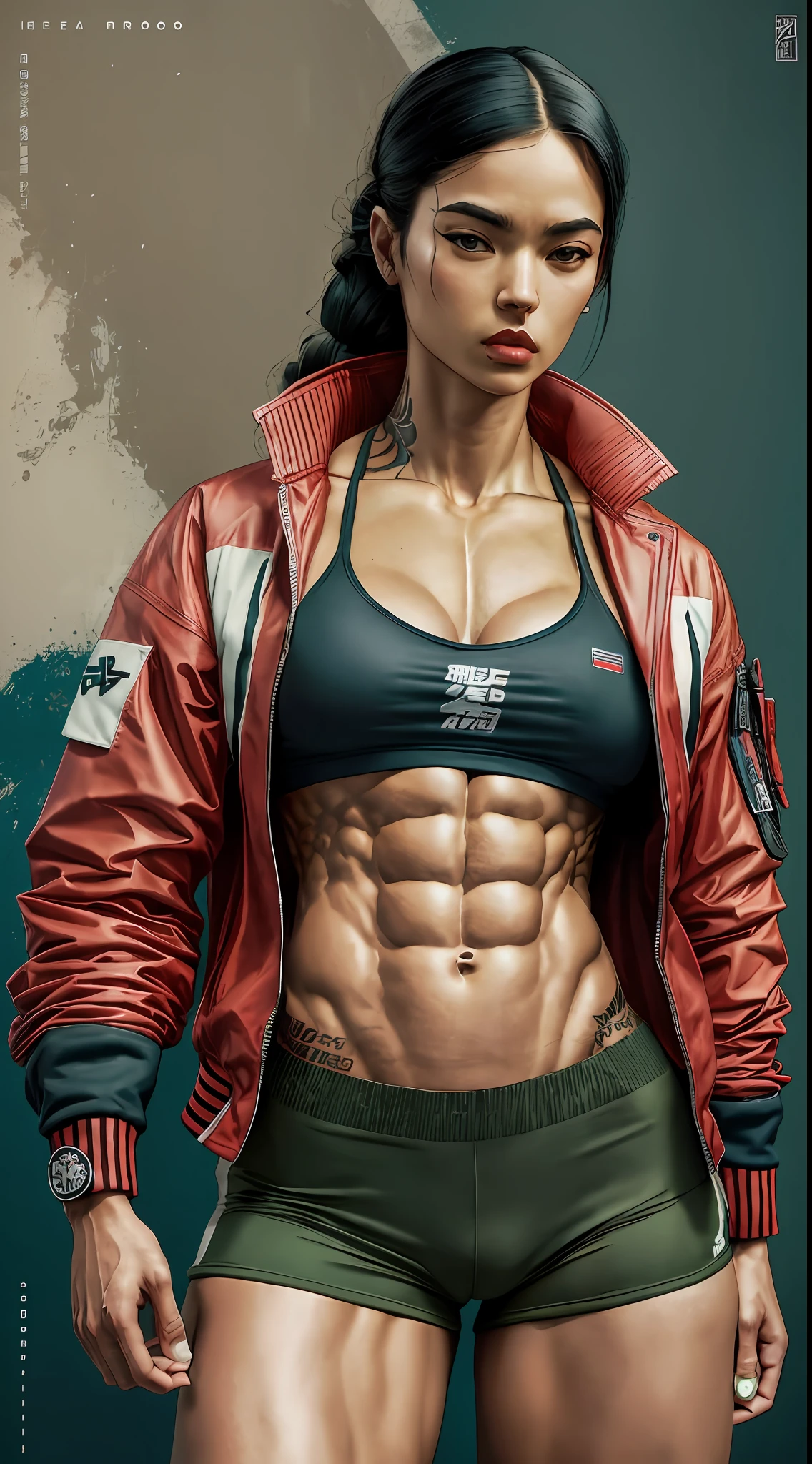 New casualism, retro, minimalism (1 muscular woman,defined abdomen,tattoos and techwear jacket),abstract minimalist background with graffittis,Yoshitomo Nara:1.5, Wes Anderson:1.3, new casualism, retro, minimalism