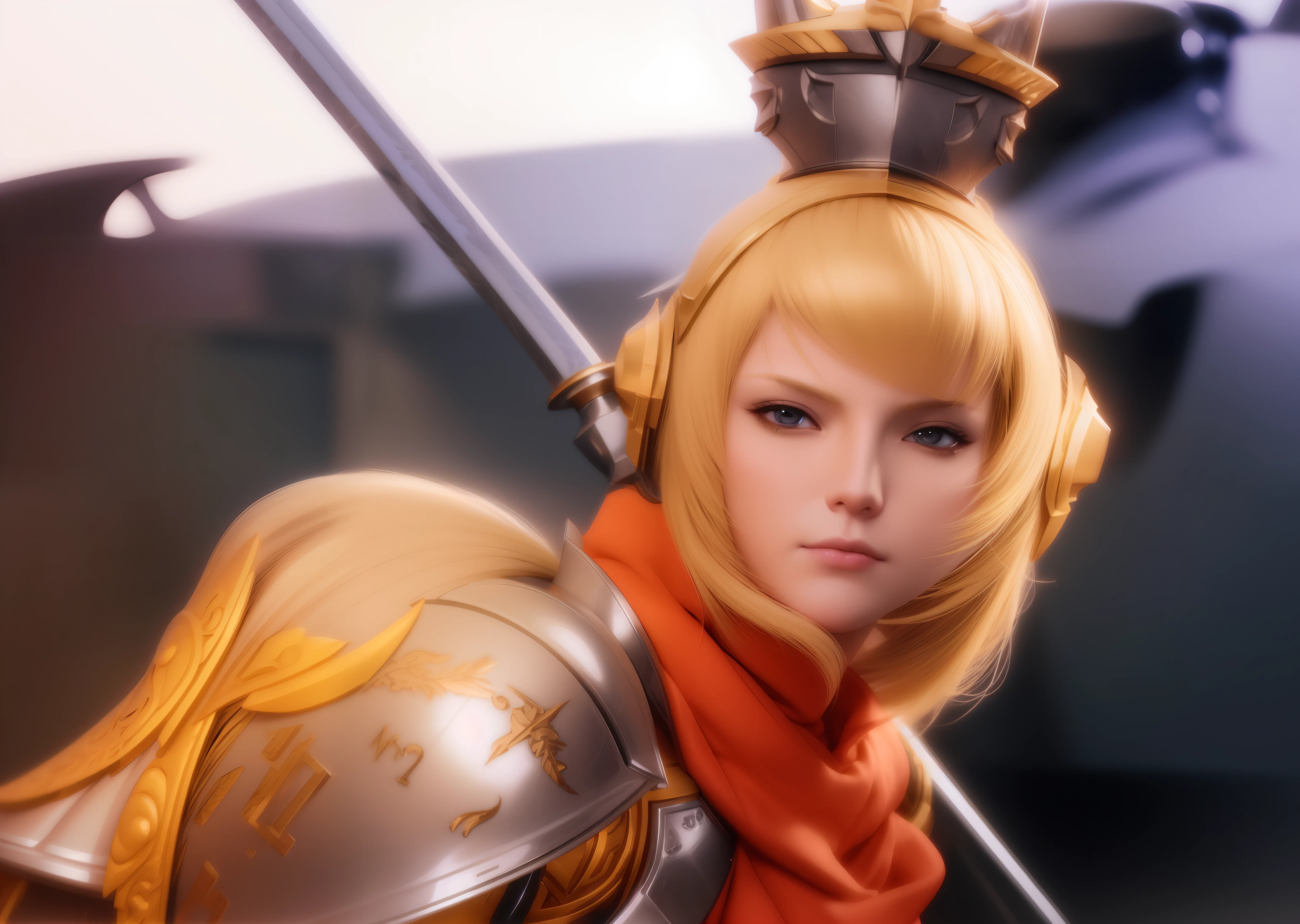 blond woman in armor with sword and helmet posing for picture, artgerm ; 3d unreal engine, portrait knights of zodiac girl, akihiko yoshida. unreal engine, 2. 5 d cgi anime fantasy artwork, 3 d render character art 8 k, portrait knight female, extremely detailed artgerm, detailed digital anime art, armor girl