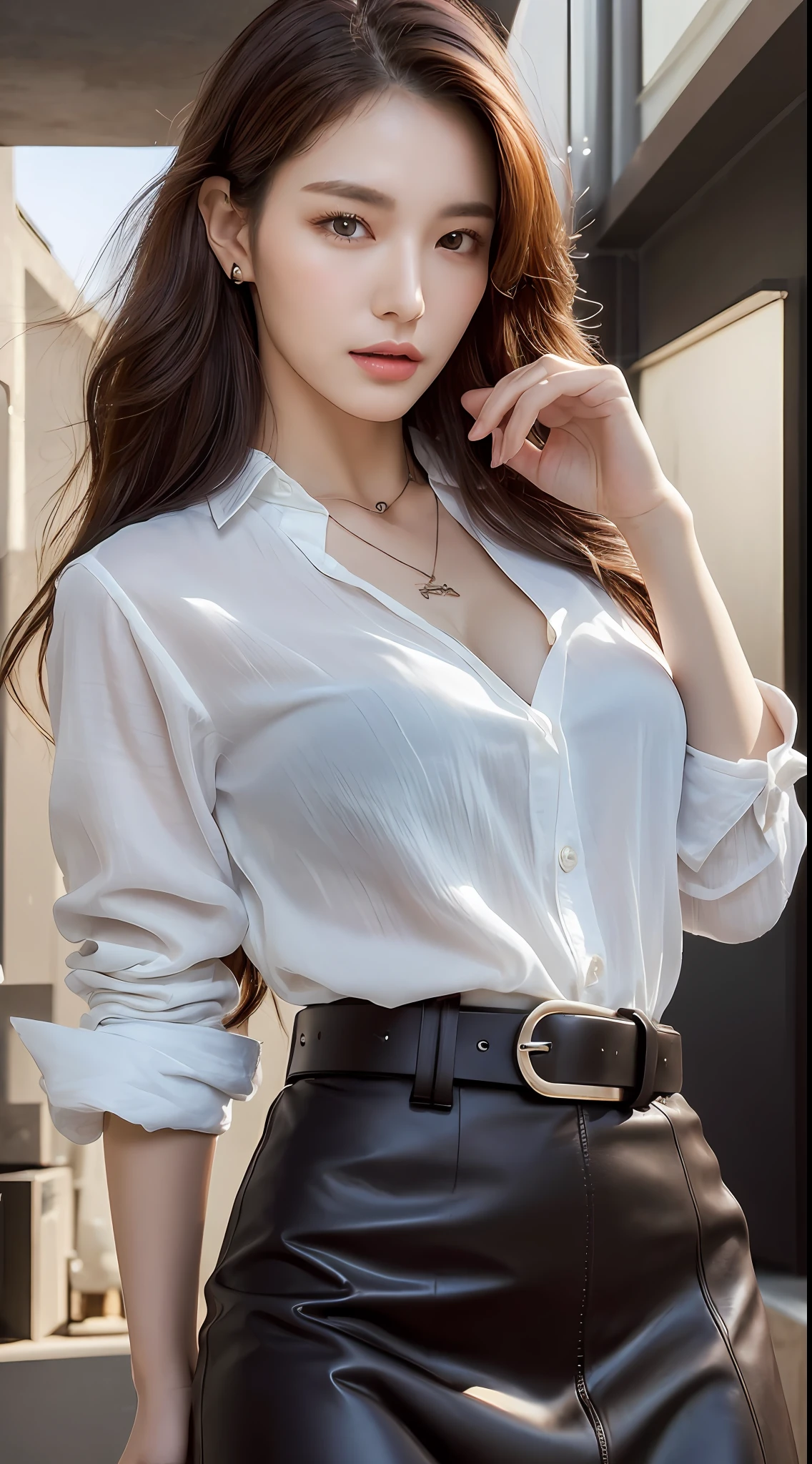 (Best quality, High resolution, Masterpiece :1.3), A tall and pretty woman, Slender abs, Dark brown hair styled in loose waves, Breasts, Wearing pendant, White button up shirt, Belt, Black skirt, (Modern architecture in background), Details exquisitely rendered in the face and skin texture, Detailed eyes, Double eyelid