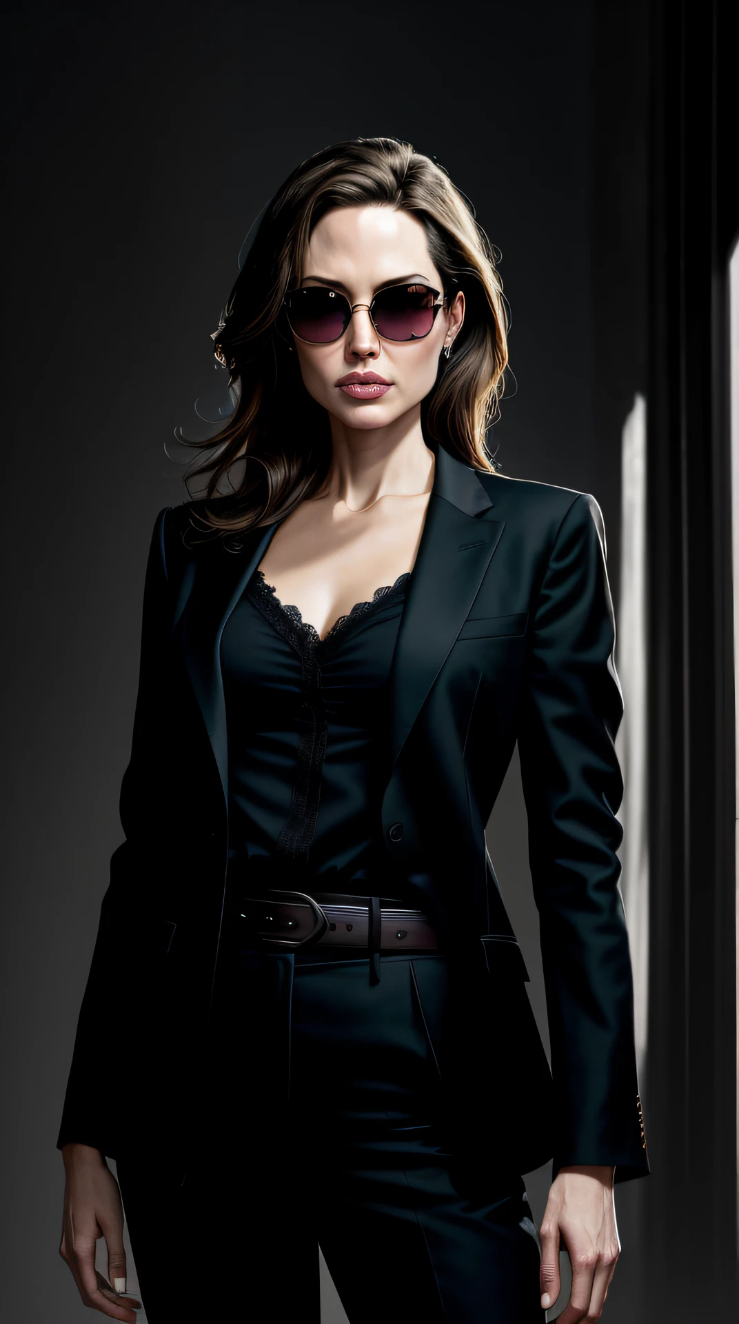 Angelina Jolie is standing, her mouth sewn together, showing off her entire body dressed in a suit and tie. The photo is dark, has an epic and realistic atmosphere. It's a distant portrait where she wears sunglasses, has blue eyes and black hair in the style of Atey Ghailan. The artworkThe image features a yellow gradient, with a predominant color scheme of black, brown, and magenta, providing a grunge aesthetic. The background depicts a war wall. The lighting is soft, with a cinematic light, processed in Adobe Lightroom and in a photo lab, using techniques such as HDR to achieve a highly detailed and intricate result. The colors are faded, with neutral and soft tones, and the image has a hyper-detailed style. The overall aesthetic is cinematic, with warm, dramatic lights emphasizing the intricate details. The background is complex, created by Greg Rutkowski, with a predominance of blue and orange.