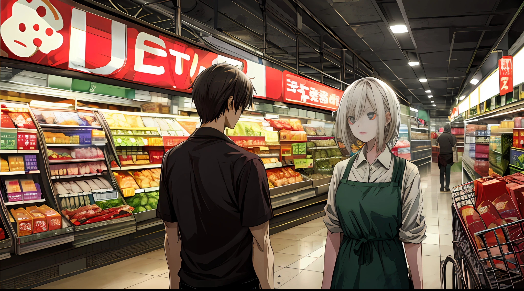 Anime effects, dark environment, background bokeh, food, supermarket, (shabby environment: 1.4) zombies