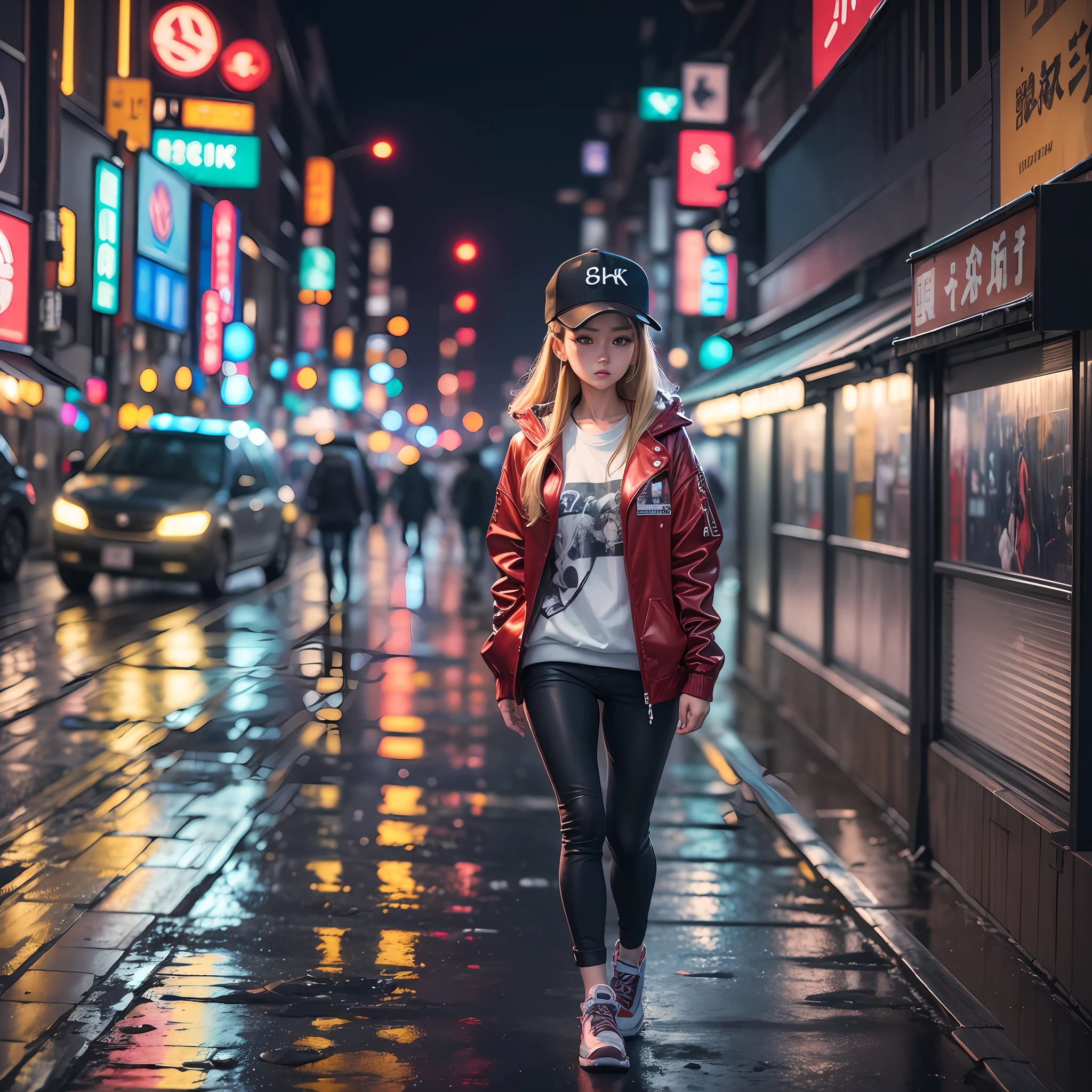 ((best quality,8k, masterpiece)) ((perfect image without any deformation)) ((highly detailed)),girl, strolling the streets of Tokyo at night car lights, wearing a greasy jacket underneath a sweatshirt, cap, weak rain, anatomically correct, sharp image. --auto --s2