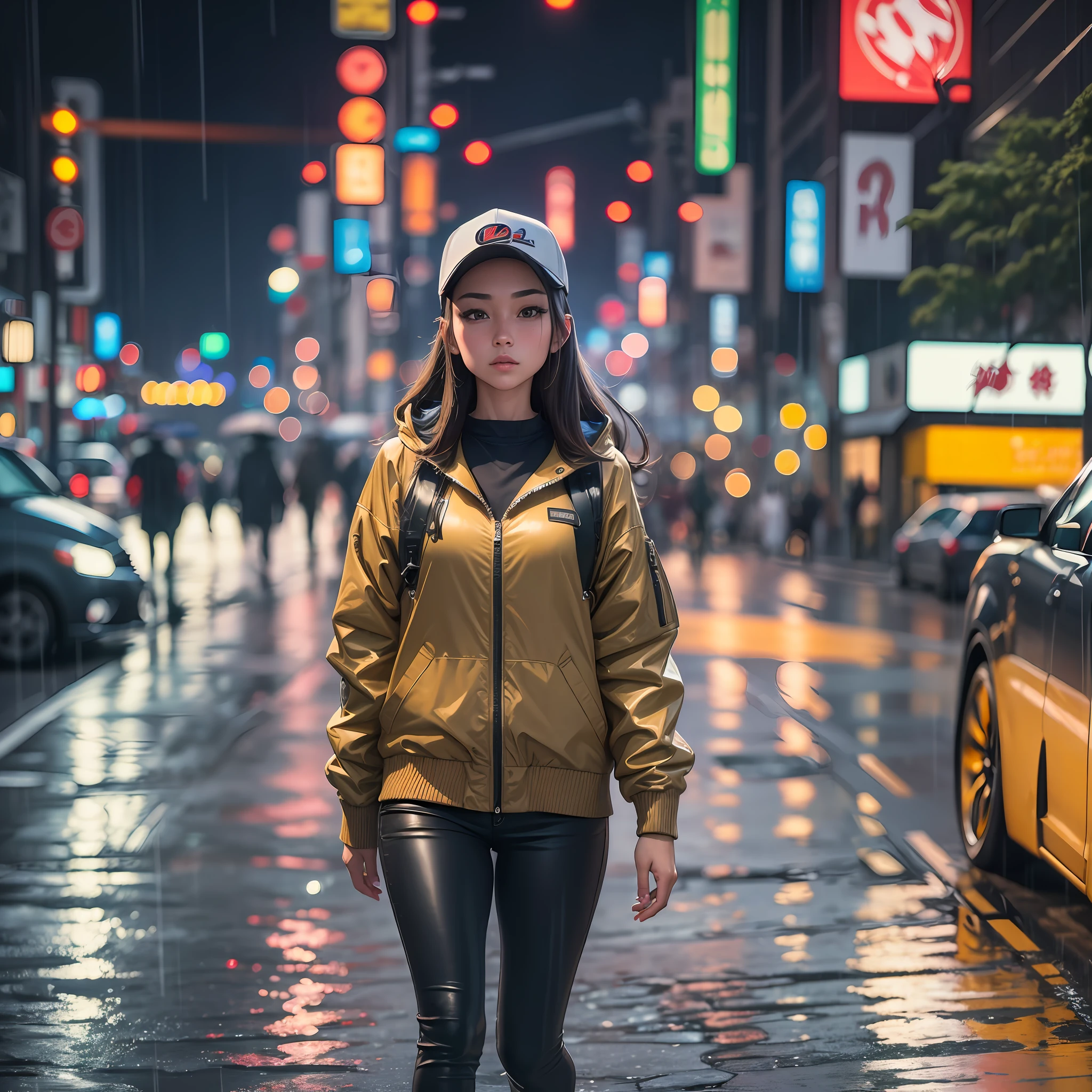 ((best quality,8k, masterpiece)) ((perfect image without any deformation)) ((highly detailed)),girl, strolling the streets of Tokyo at night car lights, wearing a greasy jacket underneath a sweatshirt, cap, weak rain, anatomically correct, sharp image. --auto --s2