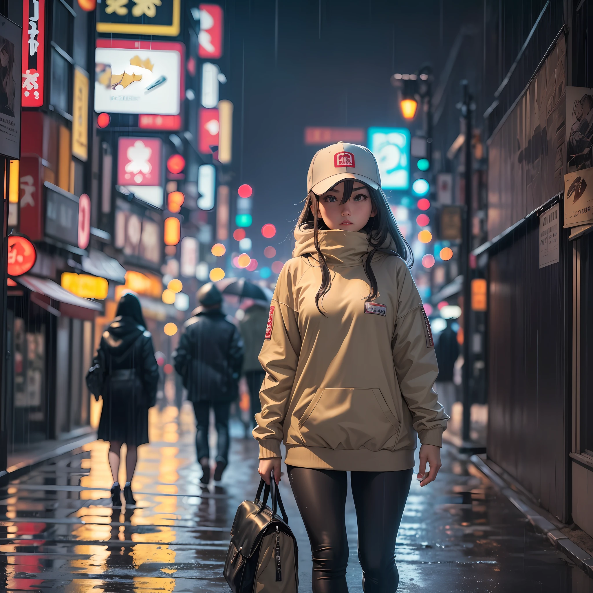 ((best quality,8k, masterpiece)) ((perfect image without any deformation)) ((highly detailed)),girl, strolling the streets of Tokyo at night car lights, wearing a greasy jacket underneath a sweatshirt, cap, weak rain, anatomically correct, sharp image. --auto --s2