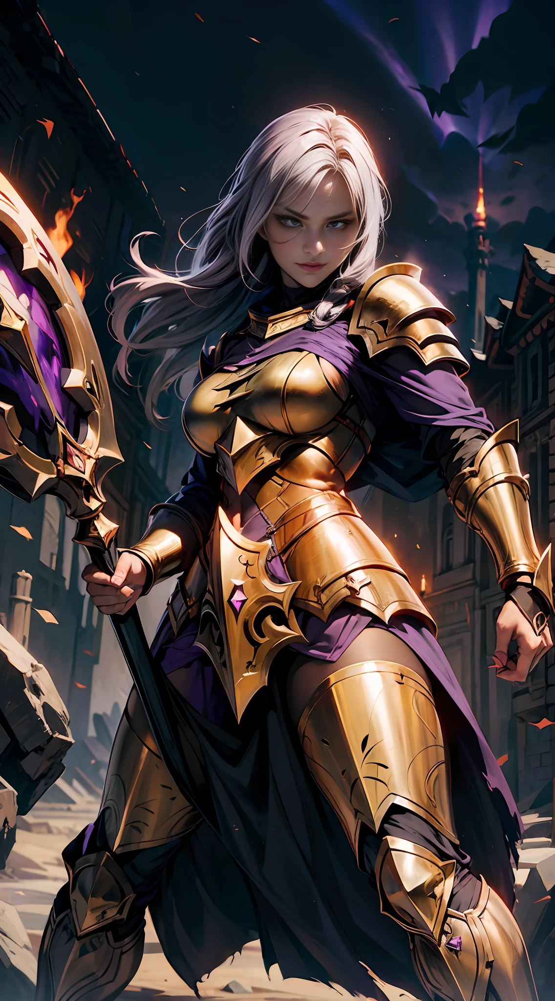 Darkness, dark wind, female paladins eroded by evil, wrapped in darkness, torn golden armor, purple-red pupils, evil expressions,