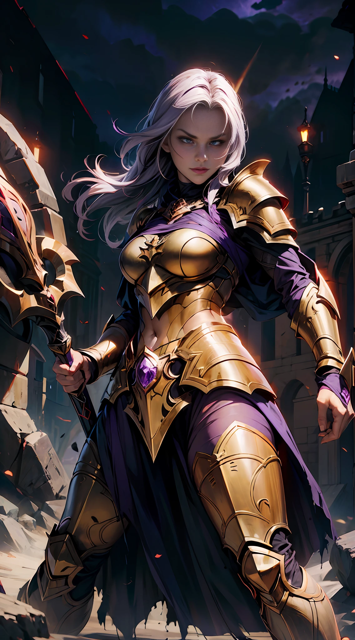 Darkness, dark wind, female paladins eroded by evil, wrapped in darkness, torn golden armor, purple-red pupils, evil expressions,