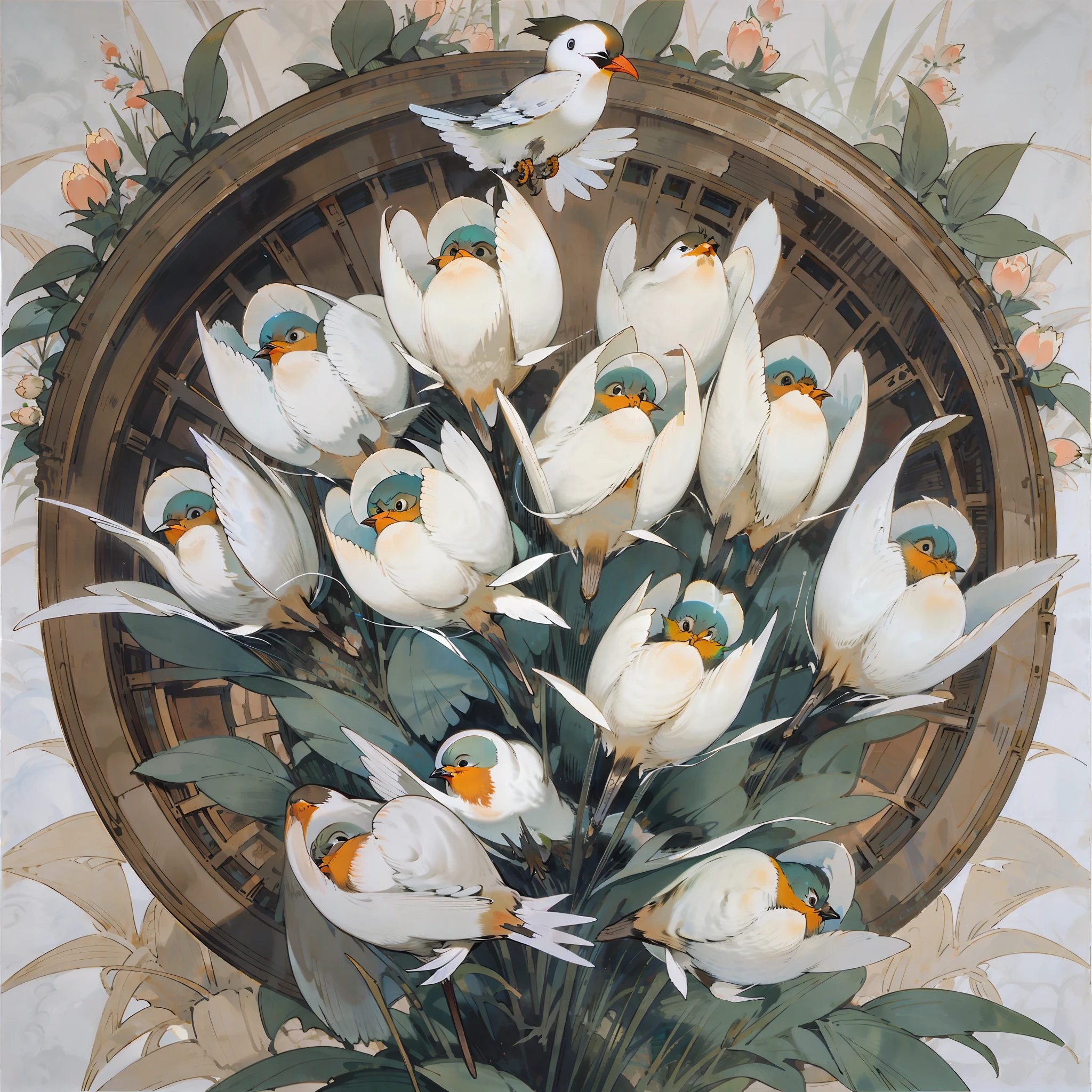 white background, birds in a tulip garden, Toile de Jouy --ar 3:4 --quality .5 --auto --s2