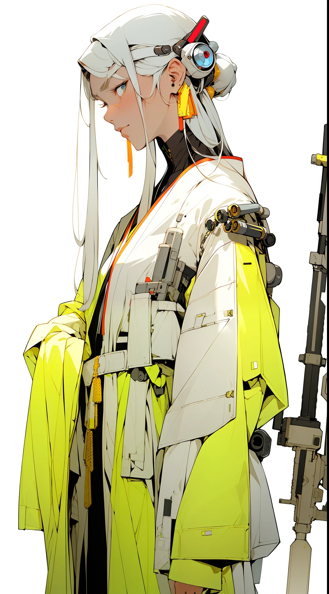 (Masterpiece, Top Quality, Best Quality), ((Cyberpunk Style, Robotic Arm, Hololo, Surreal Science Fiction Art, Future Science Fiction Aesthetics)), (1 Girl Solo), Close Up, (Resolute Eyes), (Ancient Chinese Clothes, White Robe, Embroidered Collar Uesugi, White Big Sleeve Shirt, Streamers), (Hairpin, Long Black Hair, Weapons), (Hanfu), (Clear Facial Features, Detailed Skin Texture, Beautiful Face), White Background, Earrings, Yellow Skin, Standing, (((flat color))),