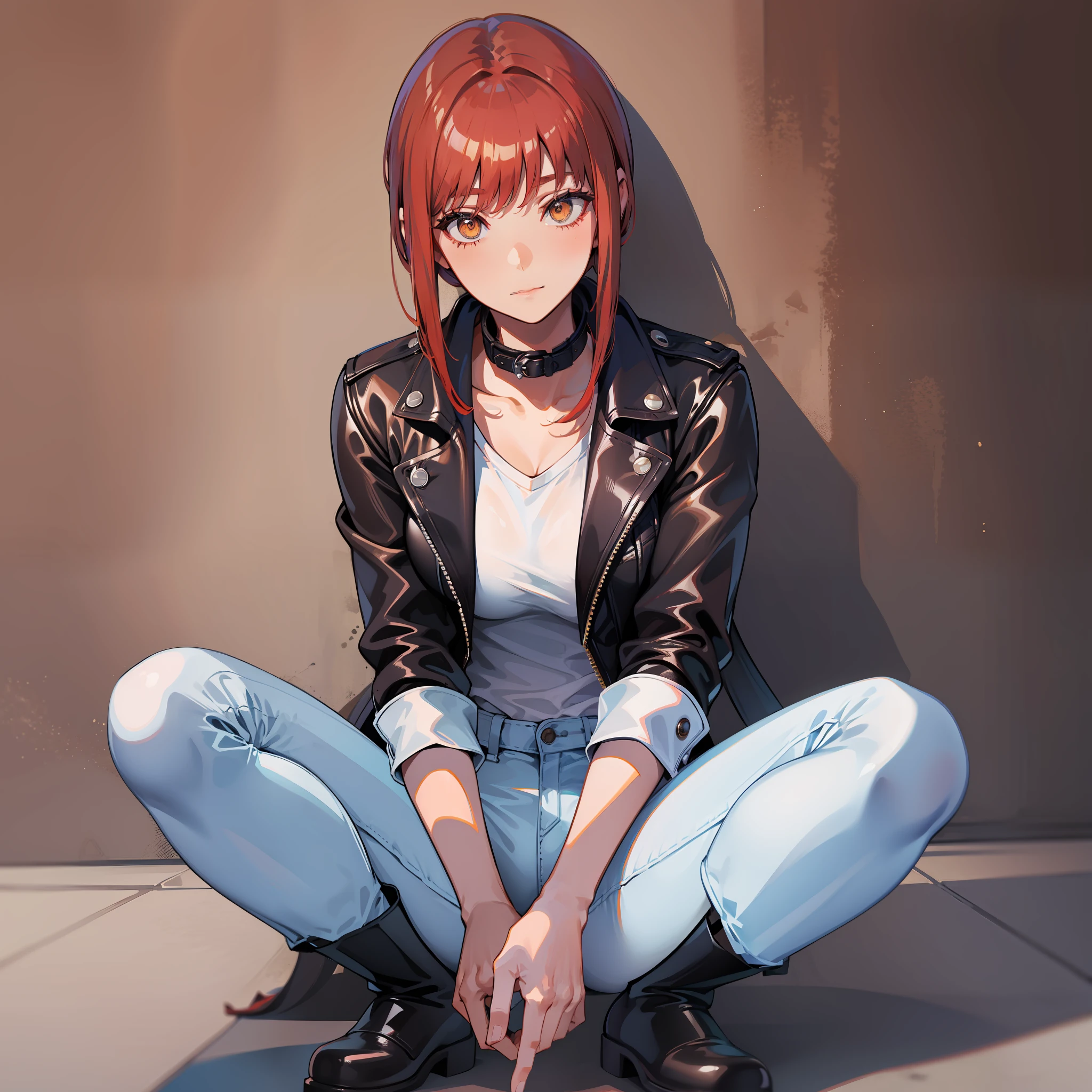 Makima, White Shirt, Long Sleeves, Classic Collar, Tight Blue Jeans, Black Leather Jacket, Brown Leather Boots, Single Collar