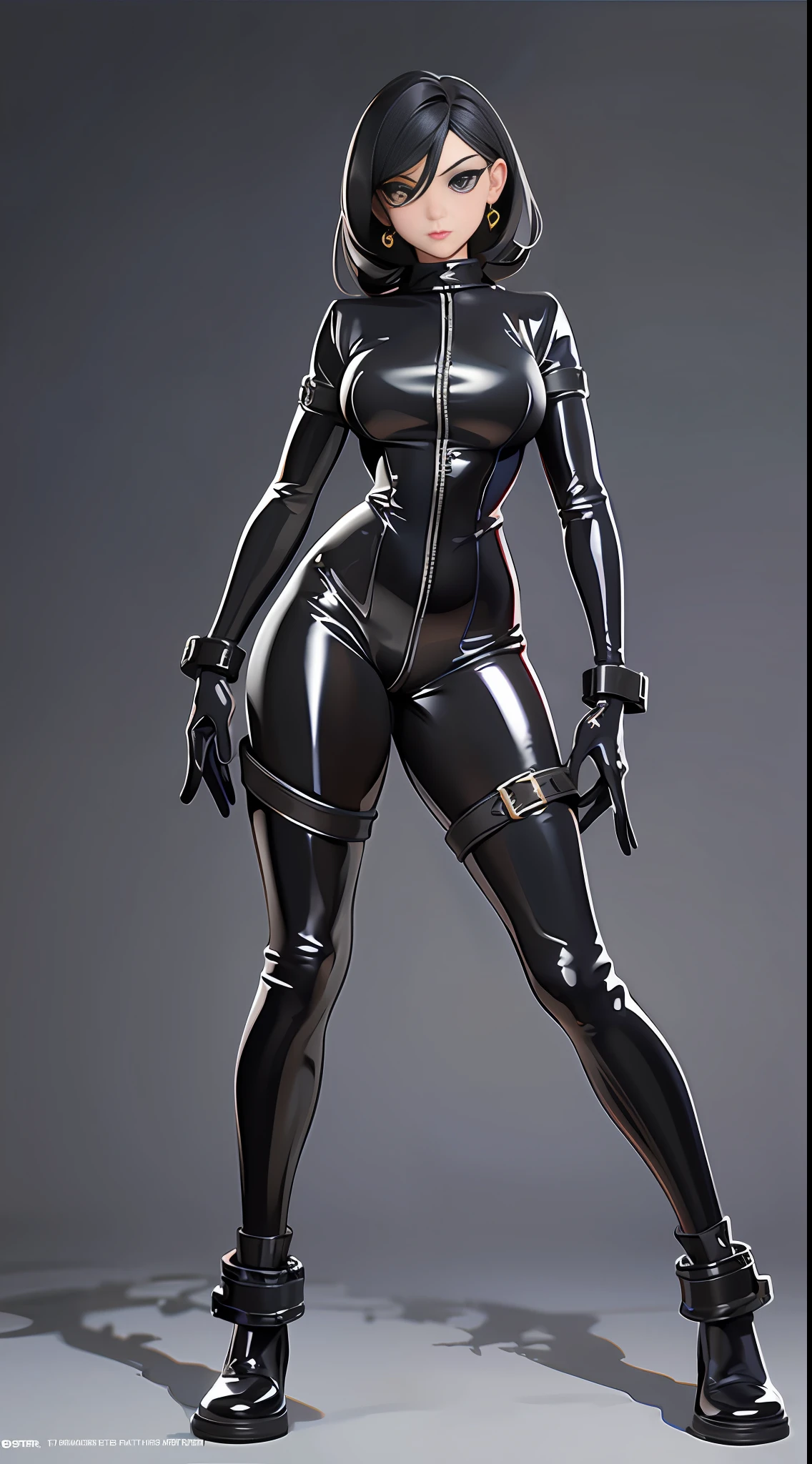 full body picture Unreal Engine 5 8K UHD of beautiful female, black tight latex catsuit, two leather belts on hip, latex body harness, latex long sock, latex long glove, arm cuffs on biceps and wrists, leg cuffs on thighs and ankles, beautiful make up, best quality, masterpiece