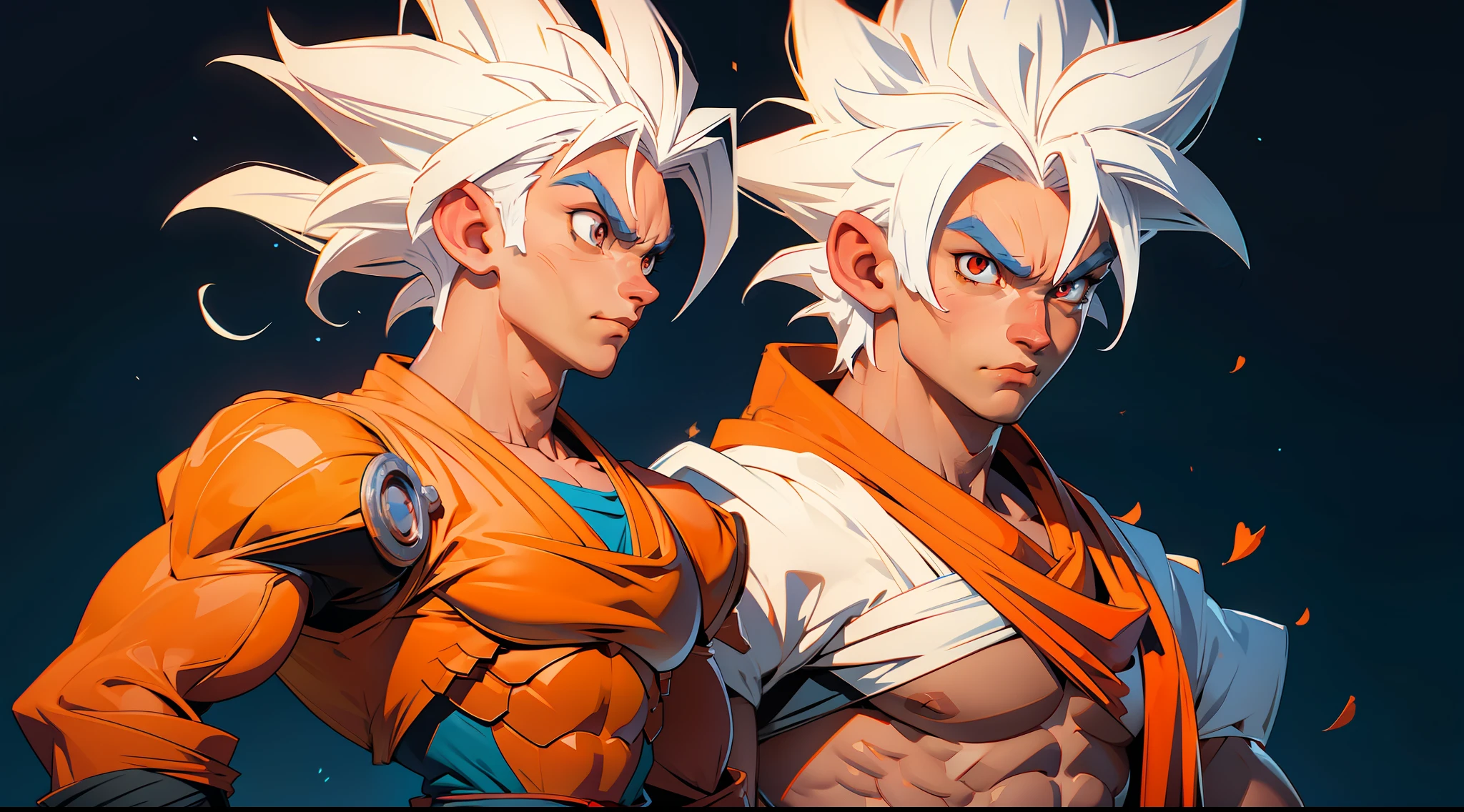 goku dragon ball bodybuilder, beautiful face, serious face, white hair, red eyes, perfect body, fit body, abs, big breasts, muscular,blue and orange armor