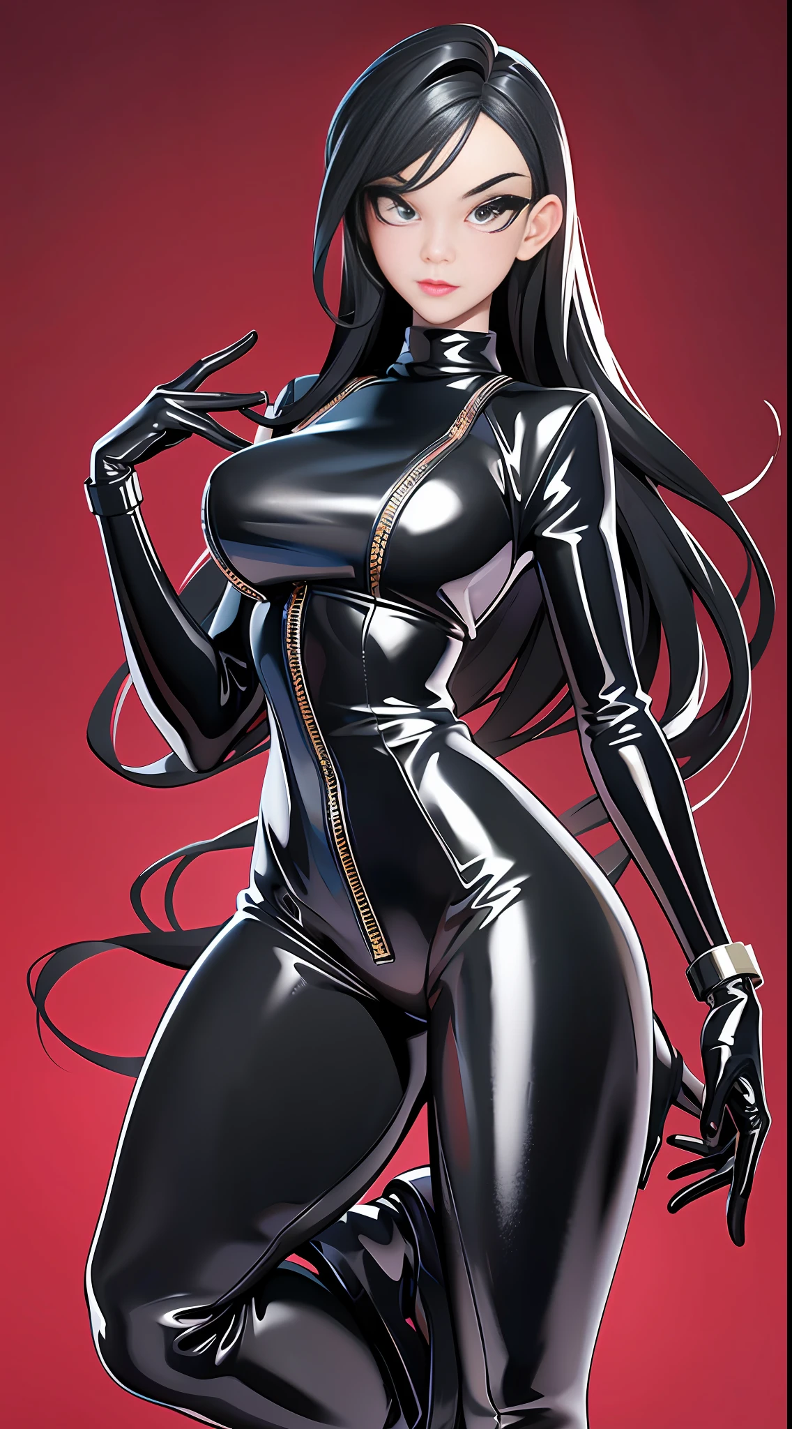 full body picture Unreal Engine 5 8K UHD of beautiful female, black tight latex catsuit, two leather belts on hip, latex body harness, latex long sock, latex long glove, arm cuffs on biceps and wrists, leg cuffs on thighs and ankles, restricted collar, beautiful make up, best quality, masterpiece