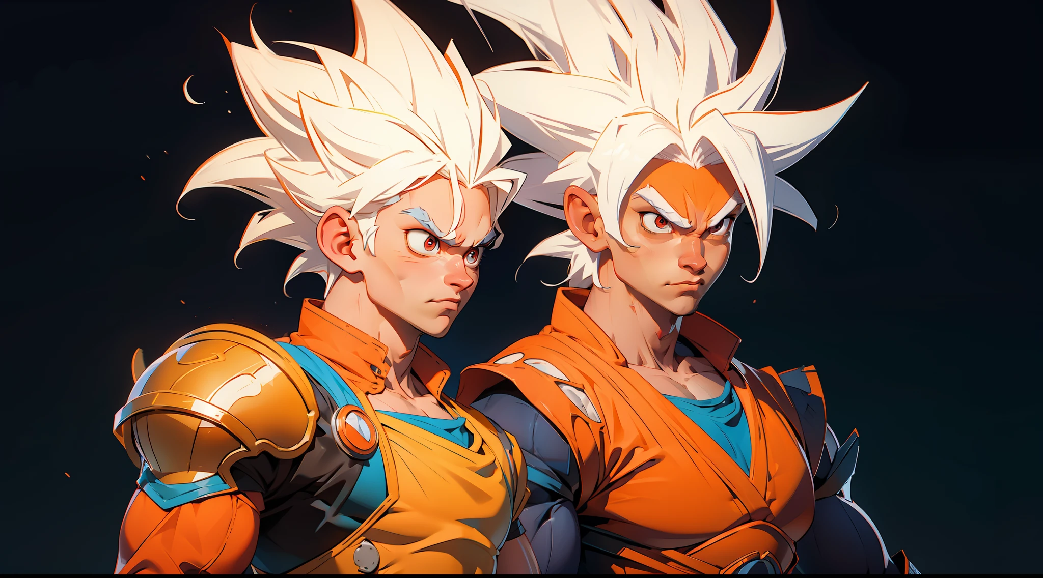 goku dragon ball bodybuilder, beautiful face, serious face, white hair, red eyes, perfect body, fit body, abs, big breasts, muscular,blue and orange armor