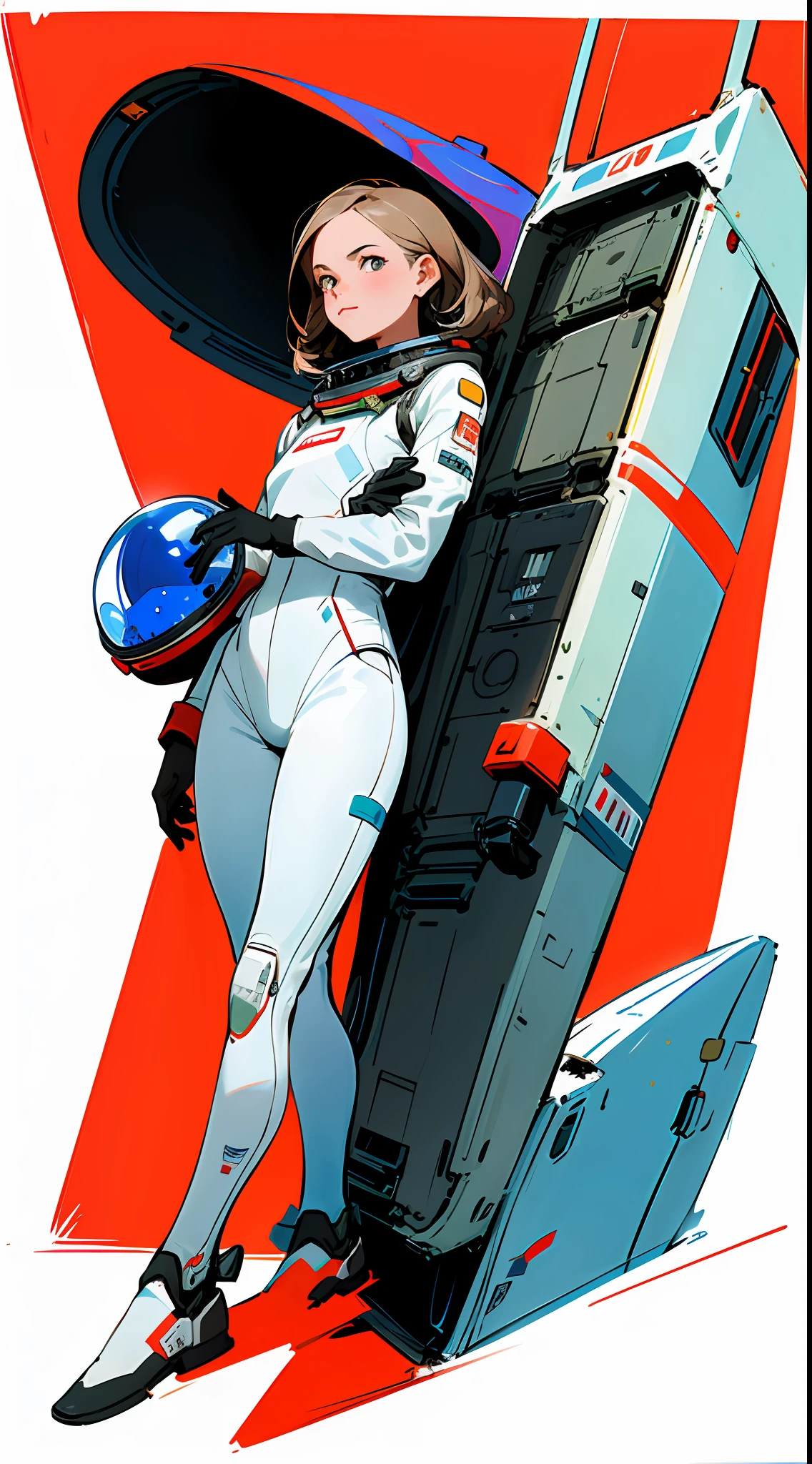 There is a woman in a spacesuit on a red and white background, (fullbody), inspired by Victor Moskela, Laurie Graceley and James Jean, inspired by astronaut Chris Moore, Buss, in the style of Laurie Graceley, Nicolas Bouvier Sparter, Jean-Sebastian Roesbach, Victor Mosquera, Bastian Glivett