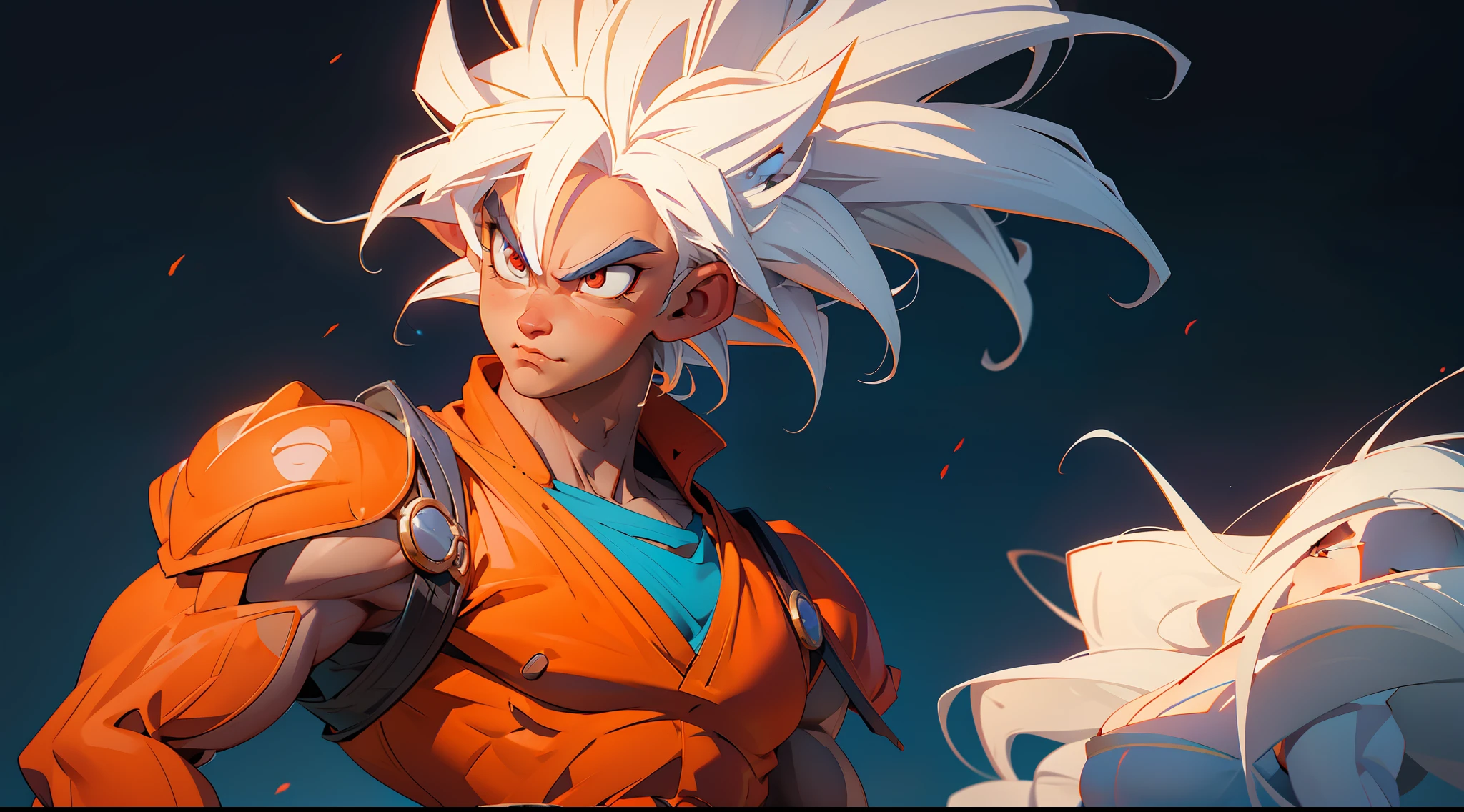 goku dragon ball bodybuilder, beautiful face, serious face, white hair, red eyes, perfect body, fit body, abs, big breasts, muscular,blue and orange armor