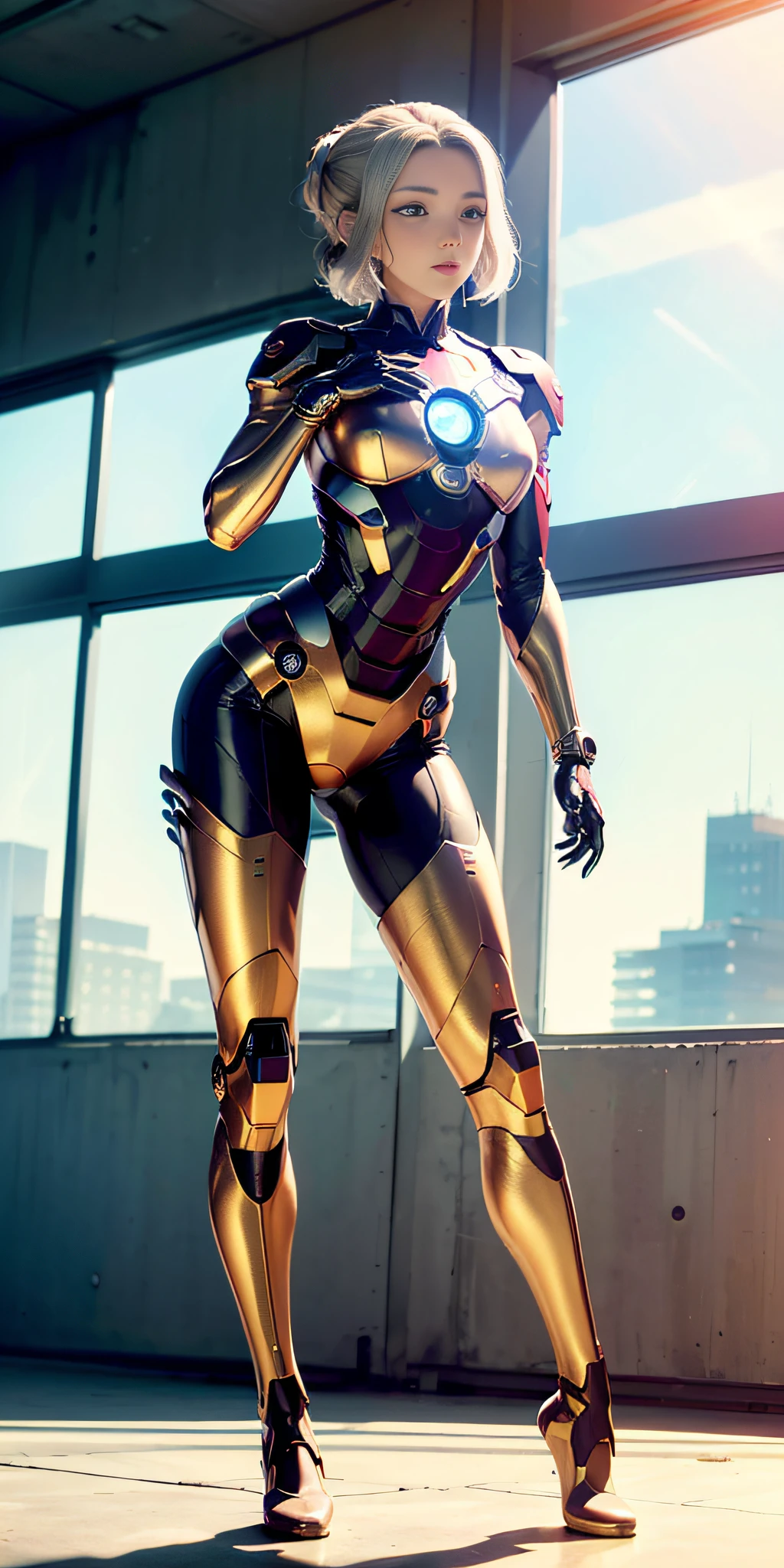 RAW, Masterpiece, Ultra Fine Photo,, Best Quality, Ultra High Resolution, Photorealistic, Sunlight, Full Body Portrait, Stunningly Beautiful,, Dynamic Poses, Delicate Face, Vibrant Eyes, (Side View) , she is wearing a futuristic Iron Man mech, red and gold color scheme, highly detailed abandoned warehouse background, detailed face, detailed and complex busy background, messy, gorgeous, milky white, high detailed skin, realistic skin details, visible pores , sharp focus, volumetric fog, 8k uhd, dslr camera, high quality, film grain, fair skin, photorealism, lomography, sprawling metropolis in futuristic dystopia, view from below, translucent