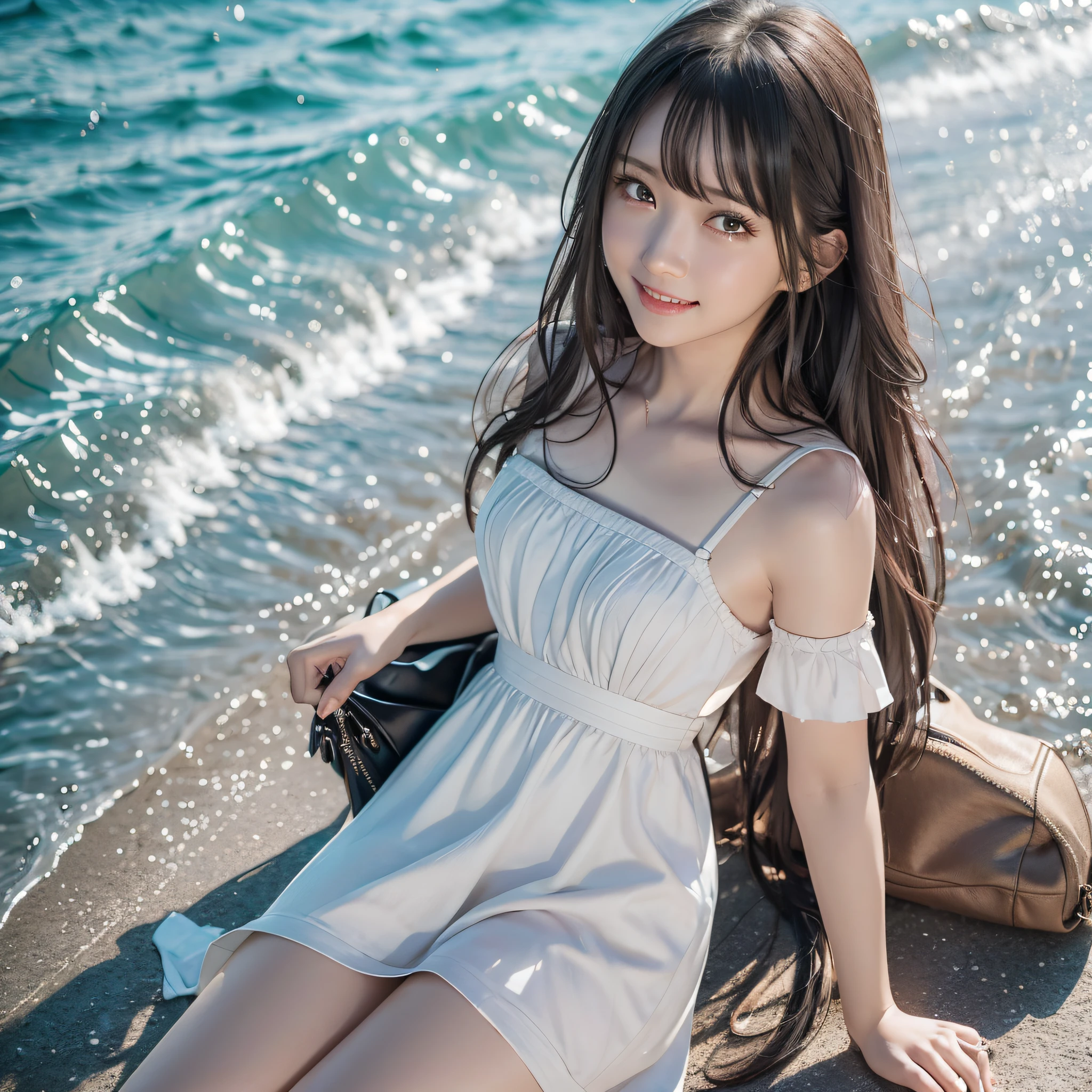 person girl, solo, very detailed, super detailed, ultra high definition, (photorealistic: 1.4), (best quality), (best shadow), detail, perfect lighting, black hair, long hair, (small: 1.2), Japan person, 28 years old, white dress, black pouch, smile, turned around pose, attractive pose, full body shot, seaside date