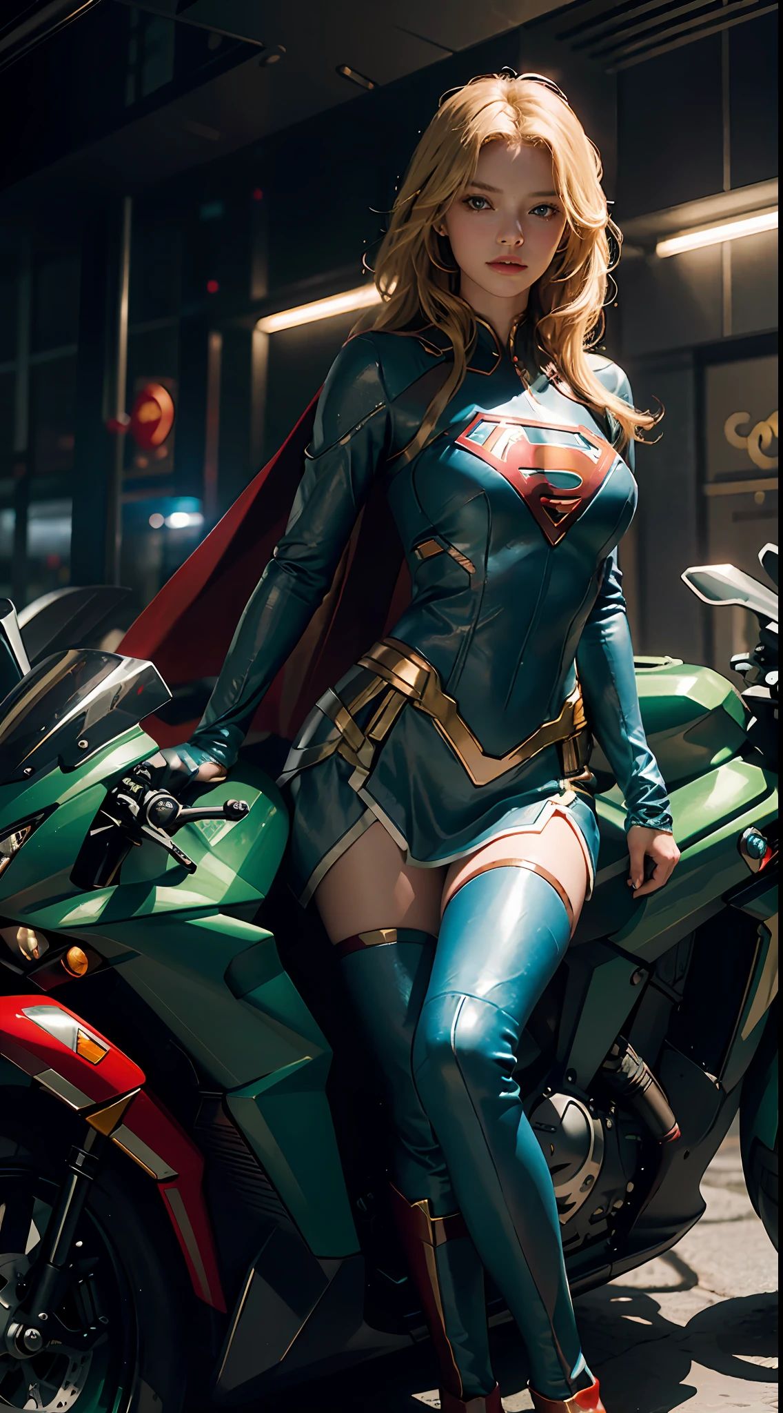 The highest image quality, striking details, ultra-high resolution, (realism: 1.4), the best illustration, favorable details, highly condensed 1supergirl, with a delicate and beautiful face, blonde, blue eyes, dressed in a black and green lock, superman S symbol on the chest, wearing a mecha helmet, holding a directional controller, riding on a red motorcycle, the background is a high-tech lighting scene of the city of the future. Red motorcycle.