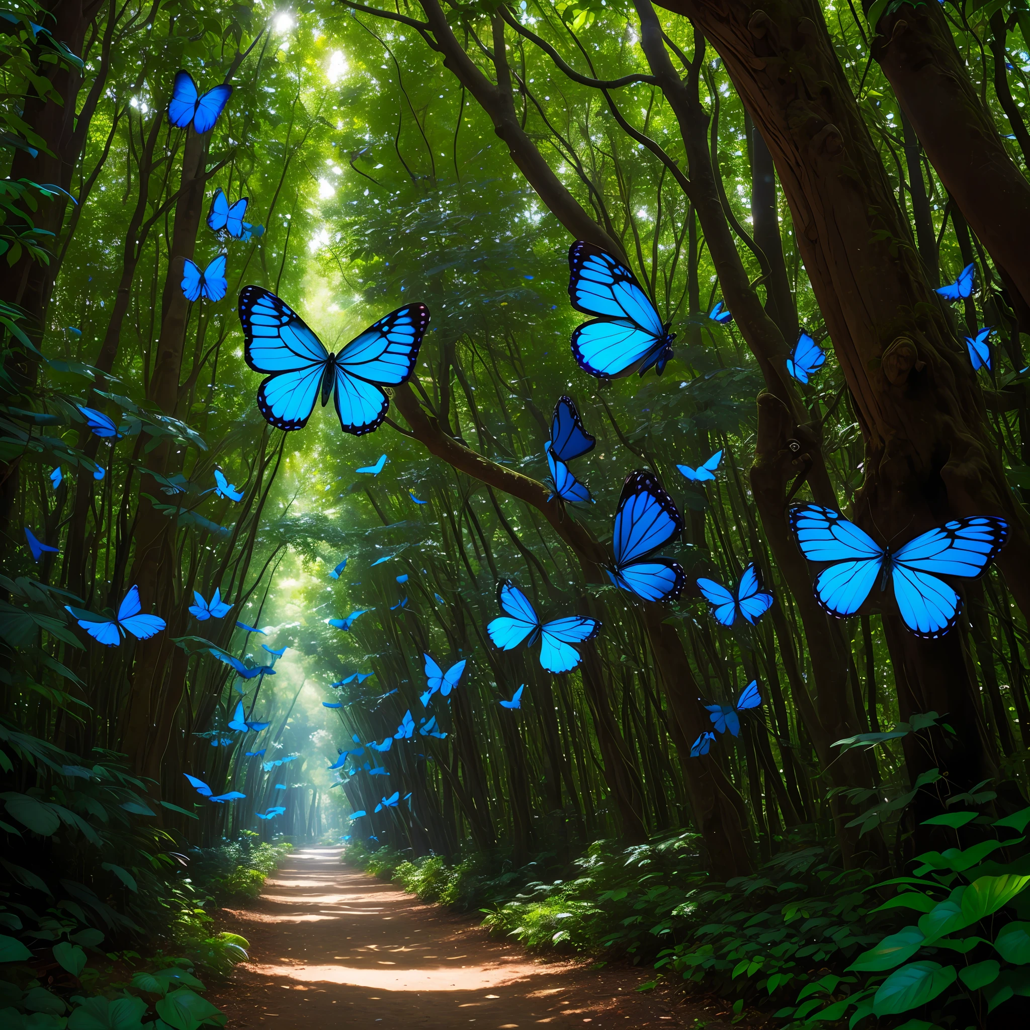 Create an ultra-realistic image of blue butterflies in a shaded grove in the afternoon. Butterflies are depicted in different sizes, with some large and some small, displaying minute detail on their wings and bodies. Its wings are a vibrant and dazzling blue, with intricate patterns. The grove is steeped in soft shadows, with rays of sunshine filtering through the foliage. Some areas are illuminated by beams of light that create a magical effect. The environment is filled with tall, dense trees, shrubs and wildflowers. The atmosphere is quiet and serene, evoking the magic of nature. Style: High-resolution photography, using a telephoto lens to capture every detail of the butterflies, --air 16:9 --v 5.