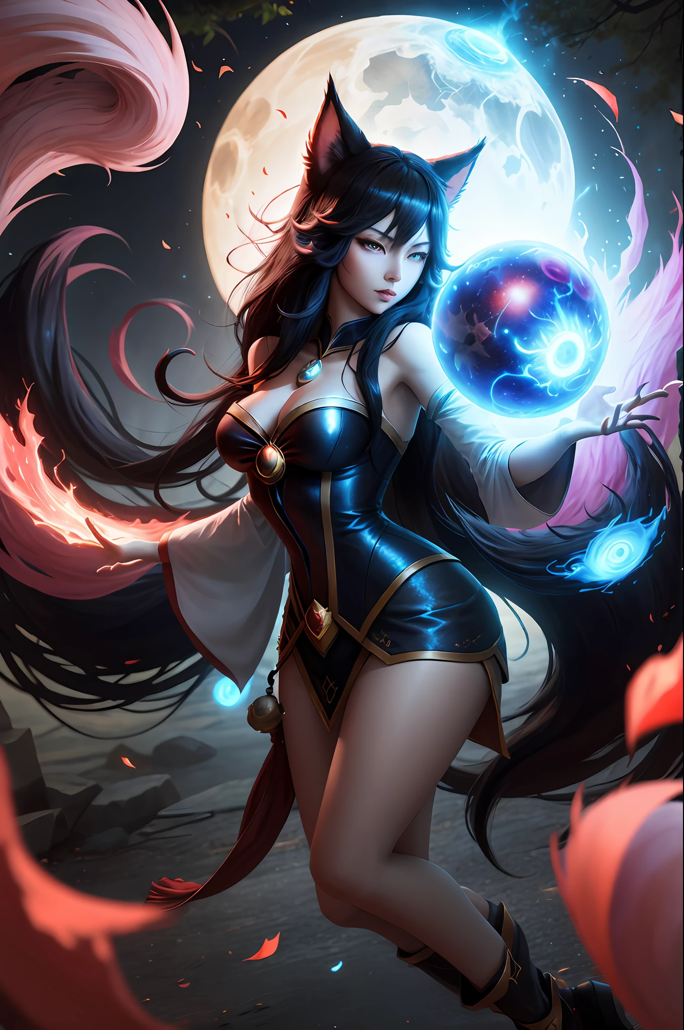 Ahri, League of Legends, vastaya, Kyuubi, tails showing, orb of energy in hand, emanating power, flowing and shaggy black hair, aura of power, blue eyes, 8k, intricate details