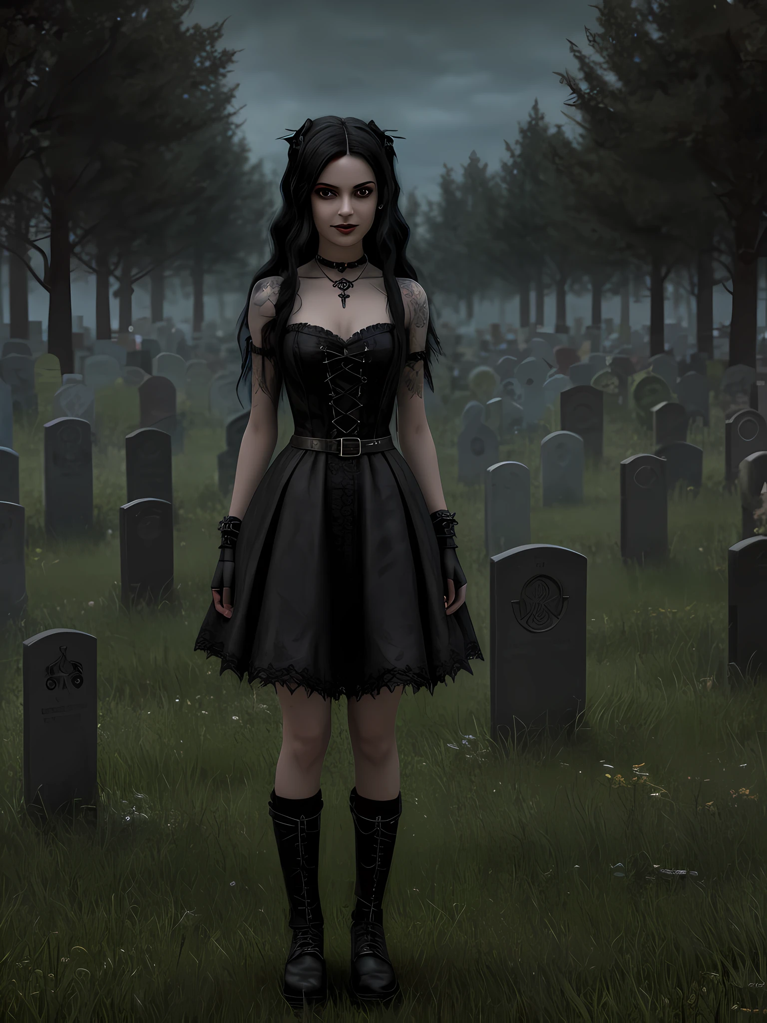 Pixarstyle a waist-high portrait of a young goth, black hair, nerd, evil smile, brown eyes, full body, in a necromancer witch outfit, mean, graveyard, natural skin texture, 16k textures, HDR, intricate, highly detailed, sharp focus, cinematic visual, hyper-detailed