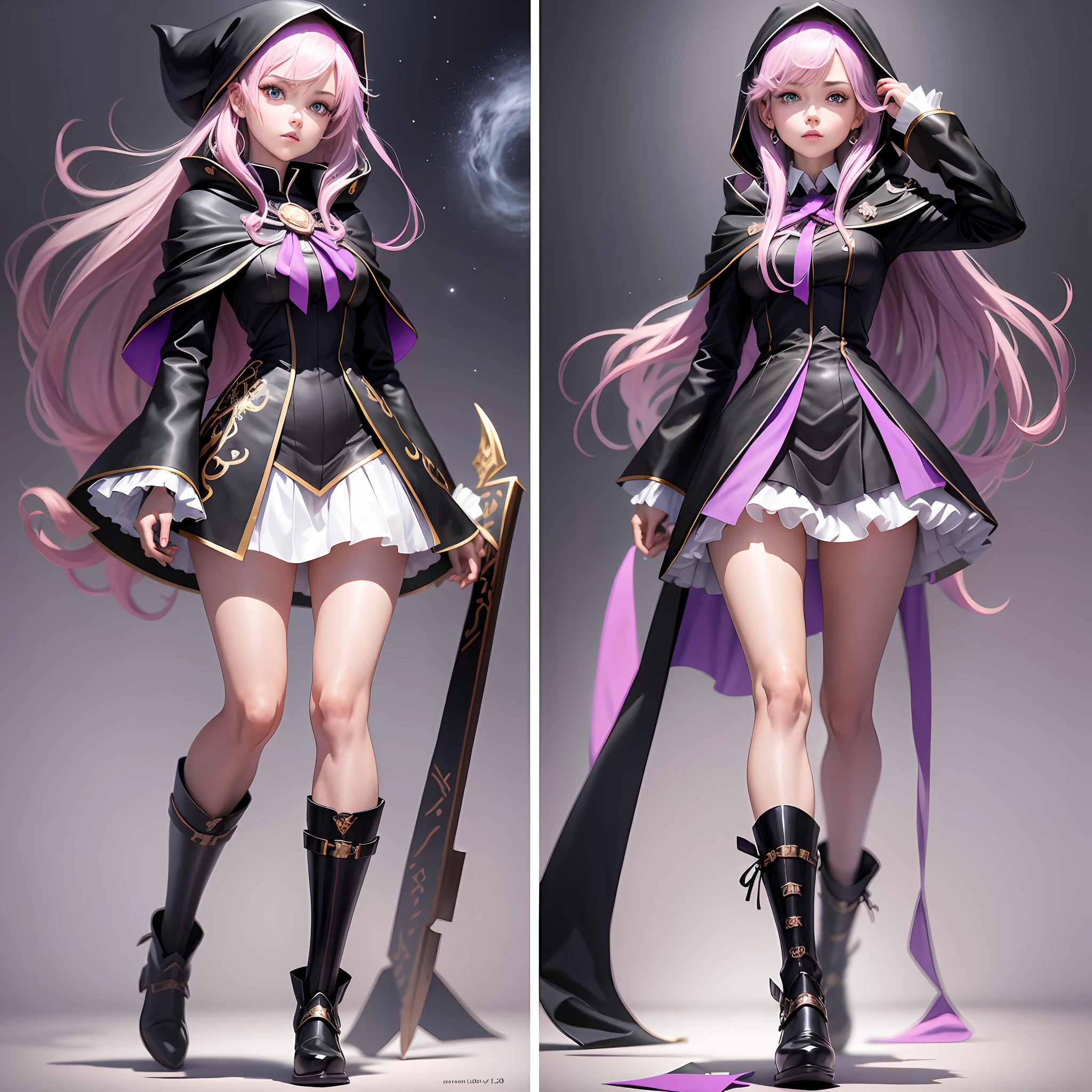 Please generate a portrait, in the style of the 2000s Death Note anime, of a 19-year-old woman, a long-haired, pink mage with bright blue eyes and fair skin. She is about 1.55m tall and has a slender figure. She wears a student uniform from an Academy of Magic, which consists of a short, purple and white dress with gold accents, a black hooded cape, and black boots. It should be drawn in 2D and have a similar appearance to the general style of characters from the Death Note anime, with darker colors and firmer strokes. She should be standing with a confident expression. Make sure the final image has high resolution and is true to the look I described. --auto --s2