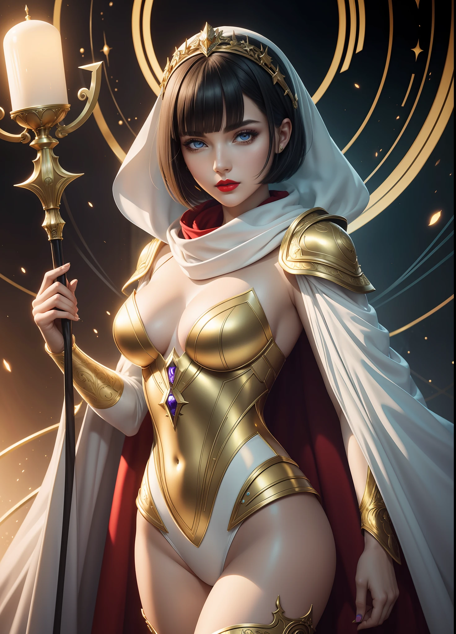 (Masterpiece) realistic bust to the below the pelves of a beauty hyperrealist & photorealist beauty young astonishing anime sorcerer girl in highly & extremely detailed low white & golden futuristic combat suit body with cape & scarf (masterpiece), magic & incantation glowing ices flying surrounded her, Unity 8k, pearly perfect skin with pores (short bob cut hair with colorful bangs fringes) ((perfect face shapes, complete perfect red lips, perfect nose, correct beautiful eyes, eyelashes, detailed intricate iris textured face in ZBrush)), full HD vines, midnight aura, glamour aesthetic, developed by Unreal Engine 5, Ultra Sharp Focus, Art by Alberto Seveso, Sci-Fi, vibrant & intricate Artwork, golden Ratio, epic, HR Giger STYLE