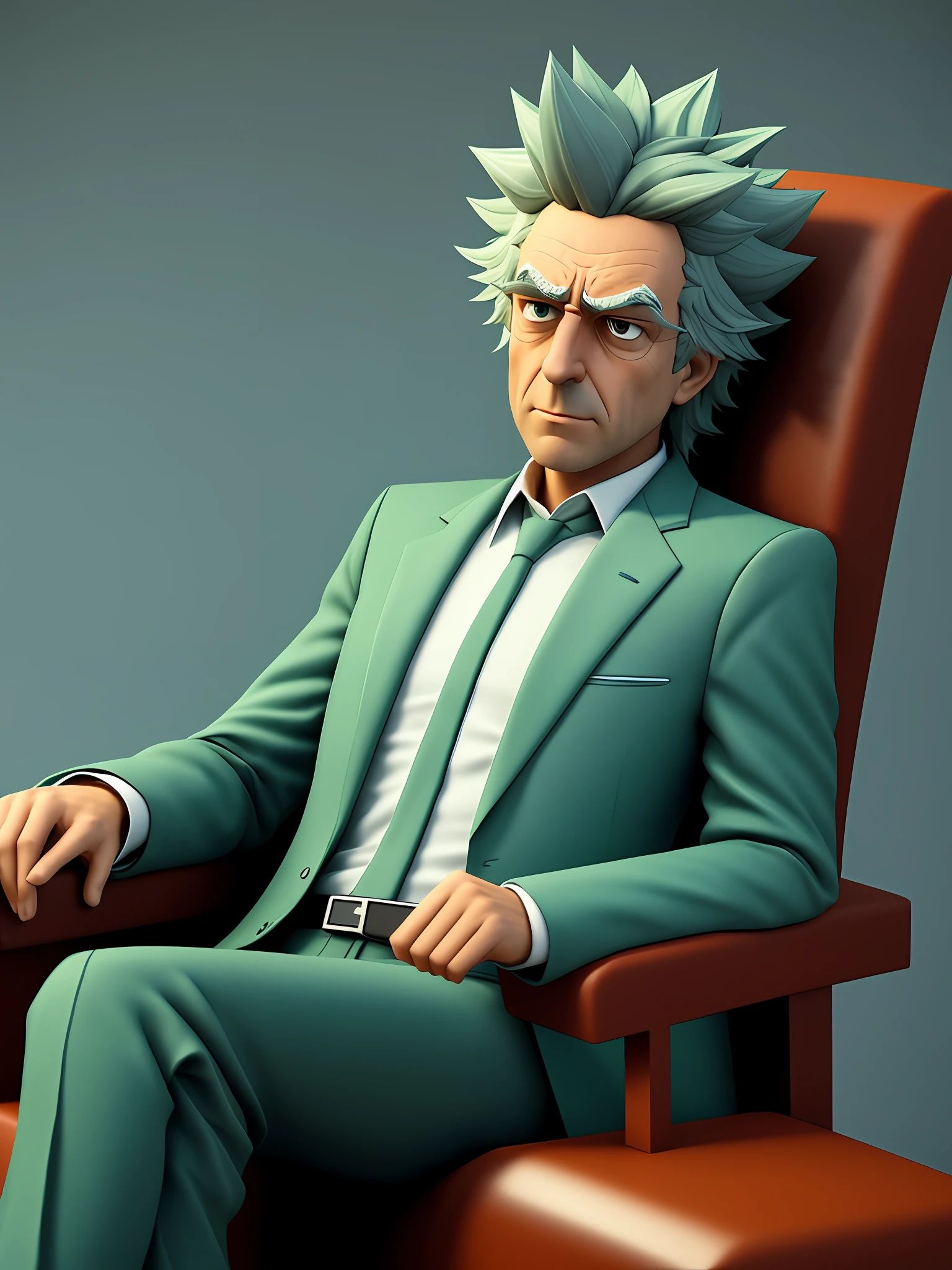 Character Rick Sanchez in 3d 4k sitting in an armchair thoughtful and serious