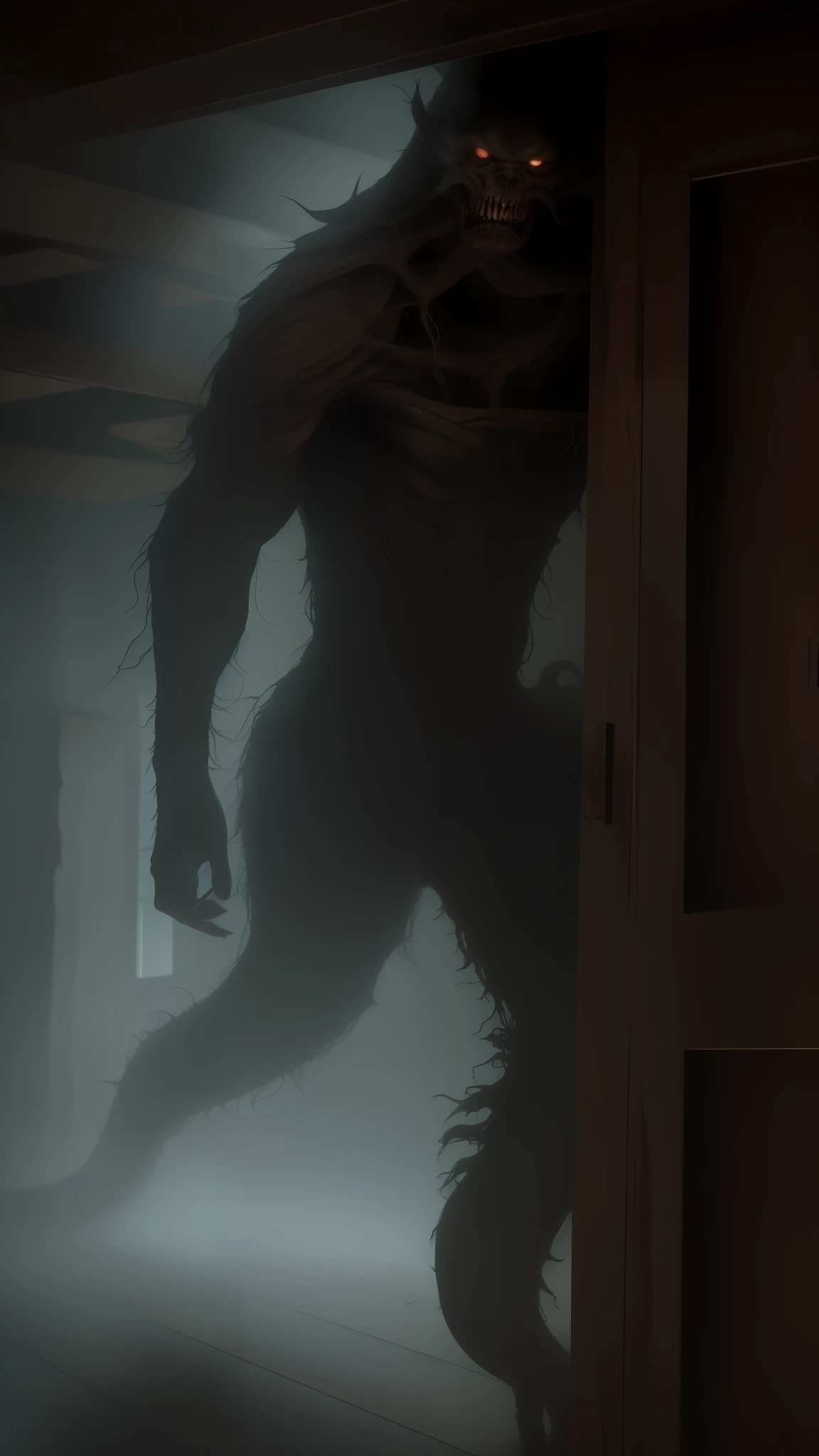 (monster:1.1) of living in the (attic:1.1), walking on the (wooden floor:1.3), (smoke, fog, thin, grey, greenish, purulent monster:1.1) (Dark style:1) masterpiece, best quality, (lovecraft:1.1), wolong, writhing, intertwined, tentacle-like, pitch-black, strange, abyssal, putrid, stench, decay, toxins, curse-infused, breath, excruciating, pain, insanity, irresistible, terror, vulnerability, helplessness. (photorealistic: 1.4) by Greg Ruttowski, color photo, Sony A7, 50mm lens,