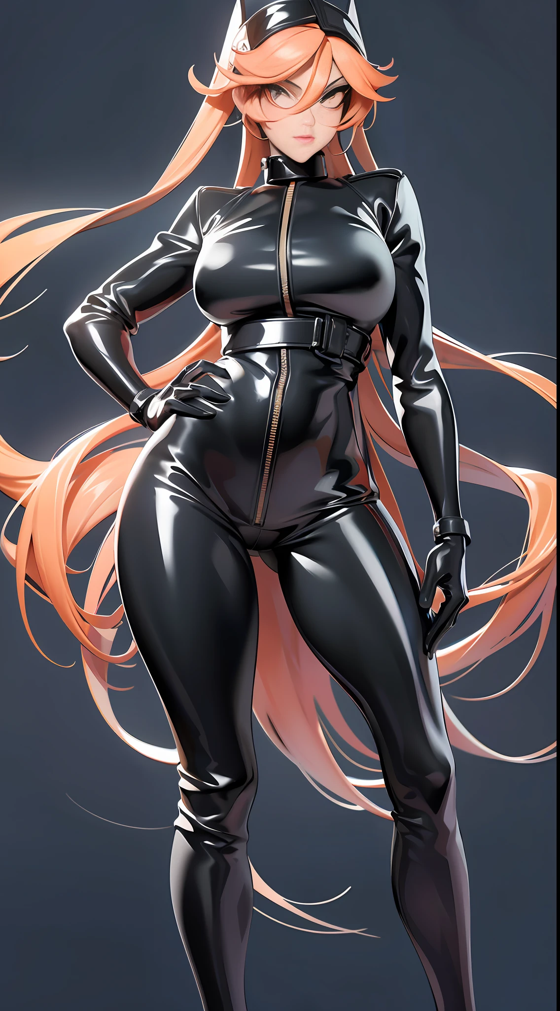 full body picture Unreal Engine 5 8K UHD of beautiful female, black tight latex catsuit, two leather belts on hip, latex body harness, latex long sock, latex long glove, arm cuffs on biceps and wrists, leg cuffs on thighs and ankles, restricted collar, beautiful make up, best quality, masterpiece