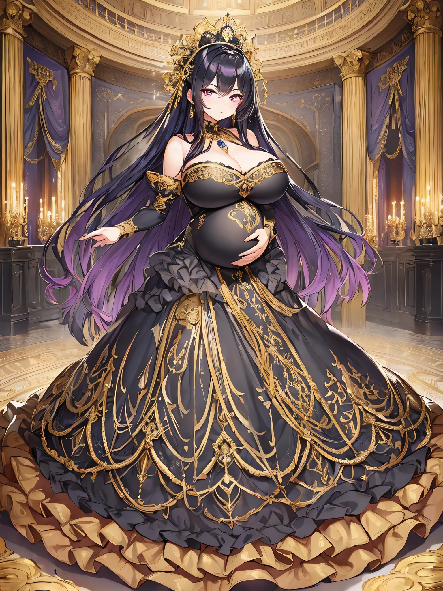 nsfw,((anime moe artstyle)),((Masterpiece)), (Best Quality), (Super Detail), Illustration, (((Very Delicate and Beautiful))),Dynamic Angle,Looking at viewer,((((Solo)))),(((Full body))),(((1 arrogant pregnant empress wearing gorgeous black ballgown))),((((heavily pregnant)))),last month of pregnancy,(standing),(arrogant),(((angry))),(embarrassed),(Purple eyes),Sharp eyes,Detailed Face, Long Eyelashes,(Jet Black Hair,Straight Hair,Very Long Hair),((Bangs between eyes)),((((gigantic breasts,Huge breasts,Bulging breasts,Long breasts,disproportionate breasts)))),cleavage,((skindentation)),curvy,See-through,(((luxurious lace and ruffled black and gold rococo ballgown adorned with abundant jewels and gorgeous embroidery))),(((voluminous black and gold rococo dress with a flared hemline))),(fluffy rococo ball gown with gorgeous embroidery and lace),((gold trim)),(((hoop skirt))),long skirt,corset,crinoline,opera gloves,Beautifully Gorgeous jeweled big tiara,Beautifully Gorgeous gem earrings,Beautifully Gorgeous jeweled necklace,Beautifully Gorgeous jeweled ornaments,indoor,light particles,royal palace,