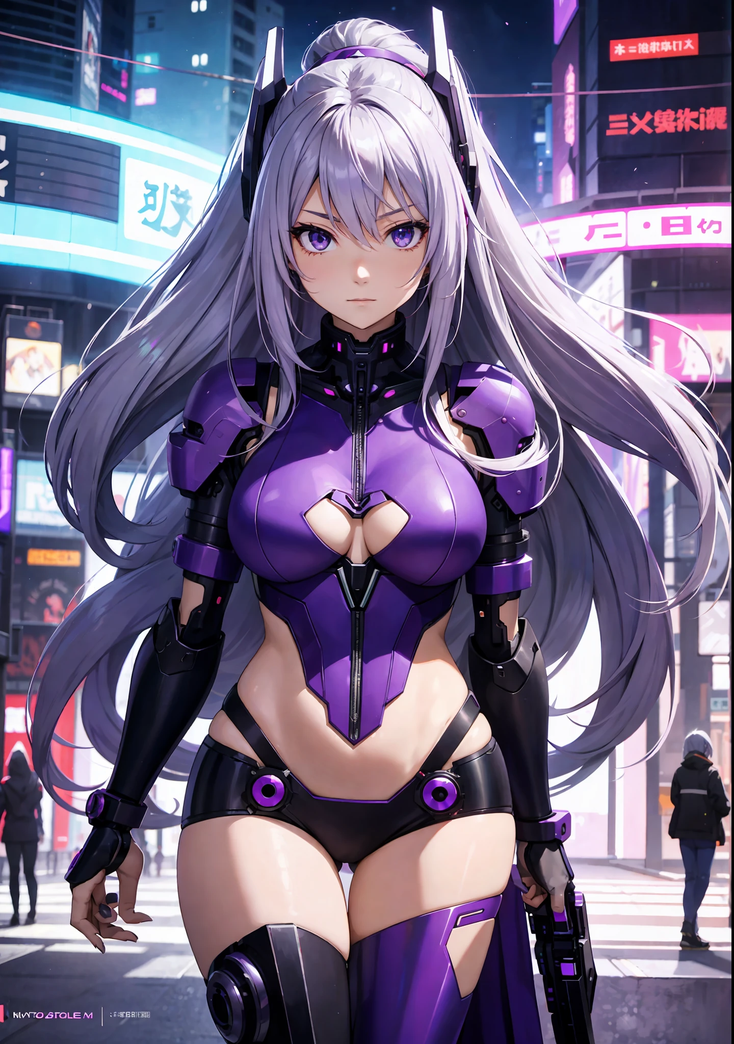 a woman with long hair and a purple outfit standing in a city, anime cyberpunk art, best anime 4k konachan wallpaper, cyberpunk anime girl mech, biomechanical oppai, cyborg - girl with silver hair, digital cyberpunk anime art, perfect anime cyborg woman, digital cyberpunk - anime art, holy cyborg necromancer girl, anime cyborg