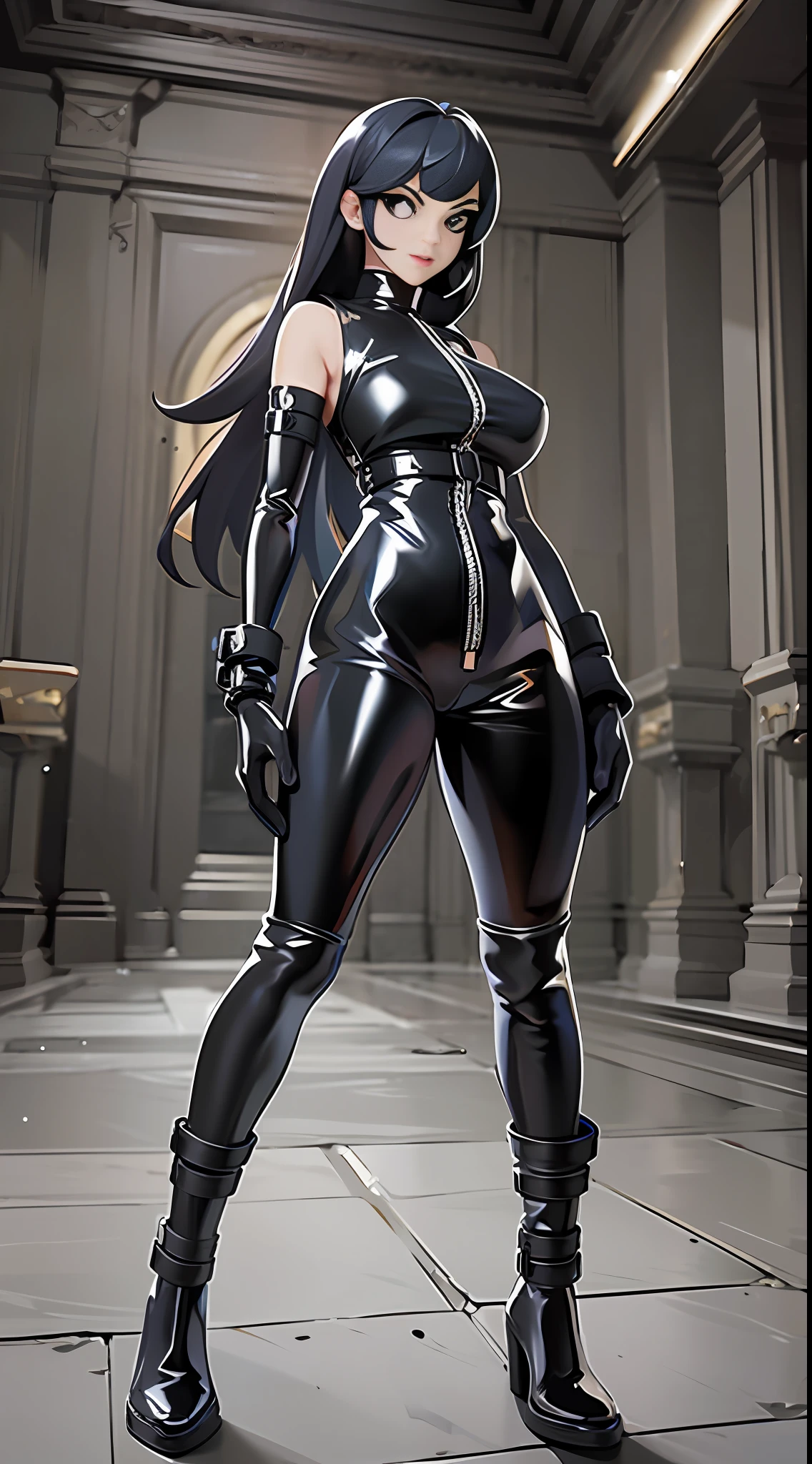 full body picture Unreal Engine 5 8K UHD of beautiful female, black tight latex catsuit, two leather belts on hip, latex body harness, latex long sock, latex long glove, arm cuffs on biceps and wrists, leg cuffs on thighs and ankles, restricted collar, beautiful make up, best quality, masterpiece