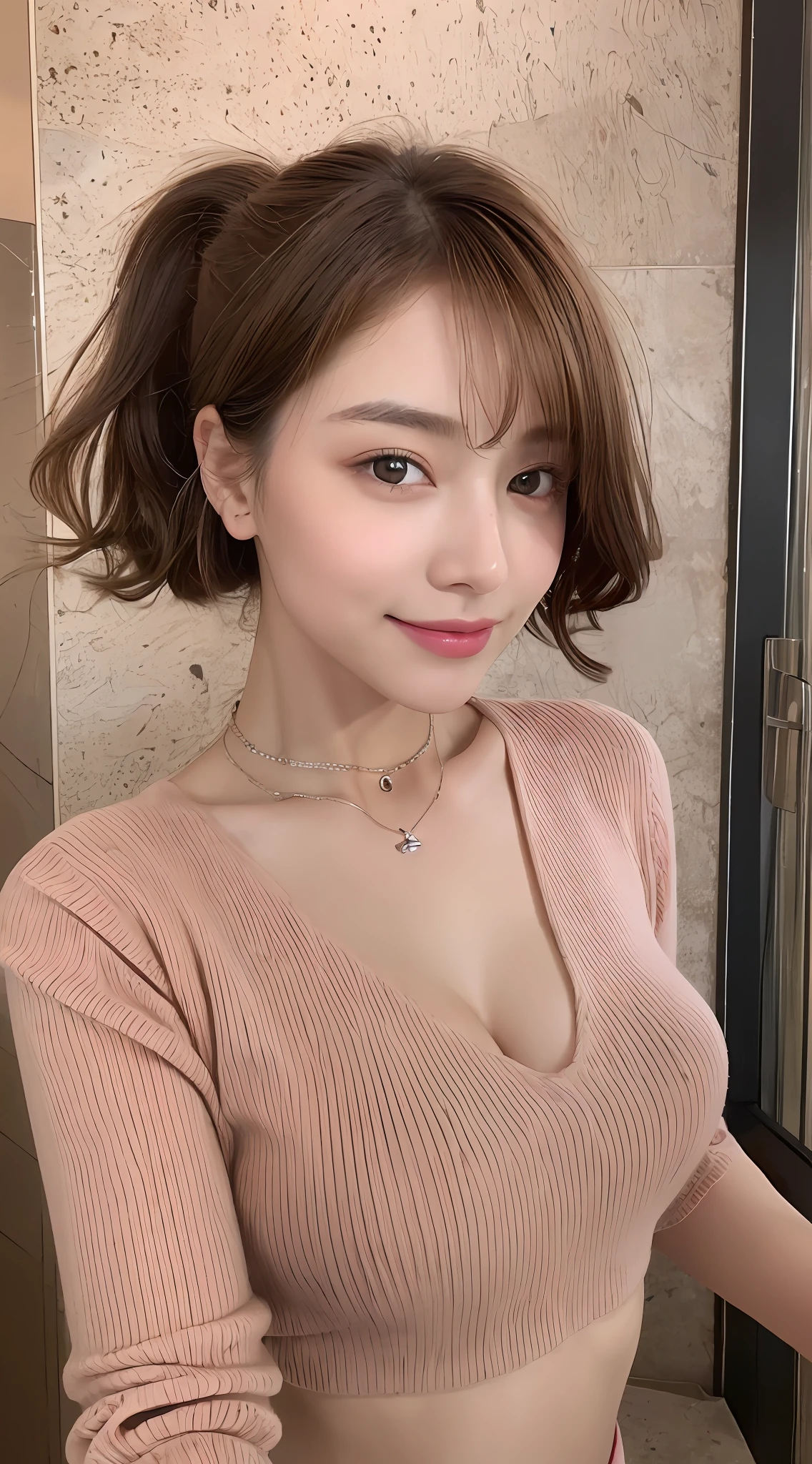 ((Night, Realistic Light, Best Quality, 8K, Masterpiece: 1.3)), 1girl, Slim Beauty: 1.4, Abs: 1.1, (Brown hair, Medium breasts: 1.3), Long pink sweater: 1.1, Bathroom, Super fine face, Delicate eyes, Double eyelids, smile, necklace