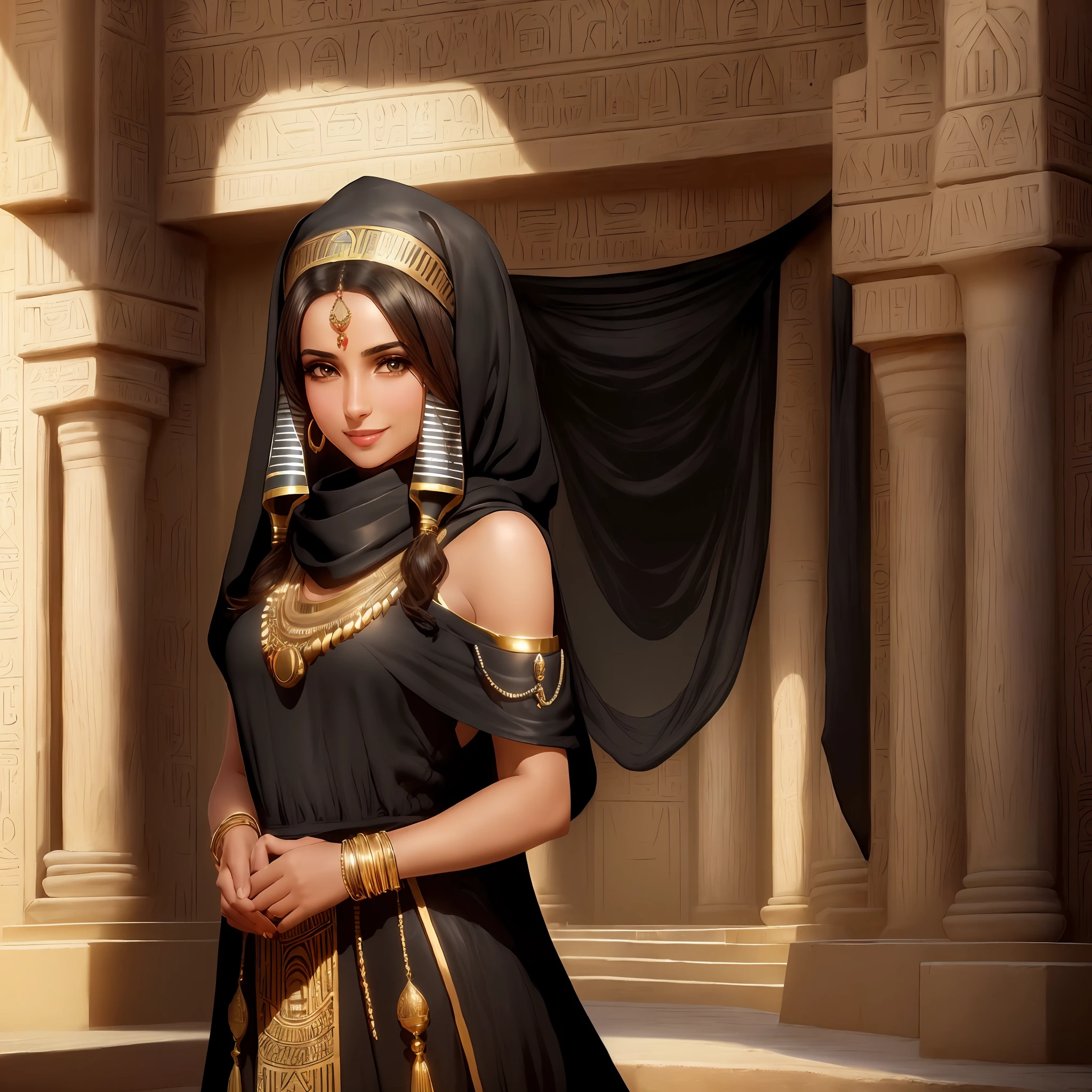 (masterpiece, best quality: 1.2), (background black #000000), ((image with black background)), (high contrast), an egyptian woman of (((25 years))), brunette hair, with white scarf on her head, light smile, looking at the viewer, eye of Horus, Egyptian clothes, white dress, jewelry, necklace, bracelet, armband, indoors