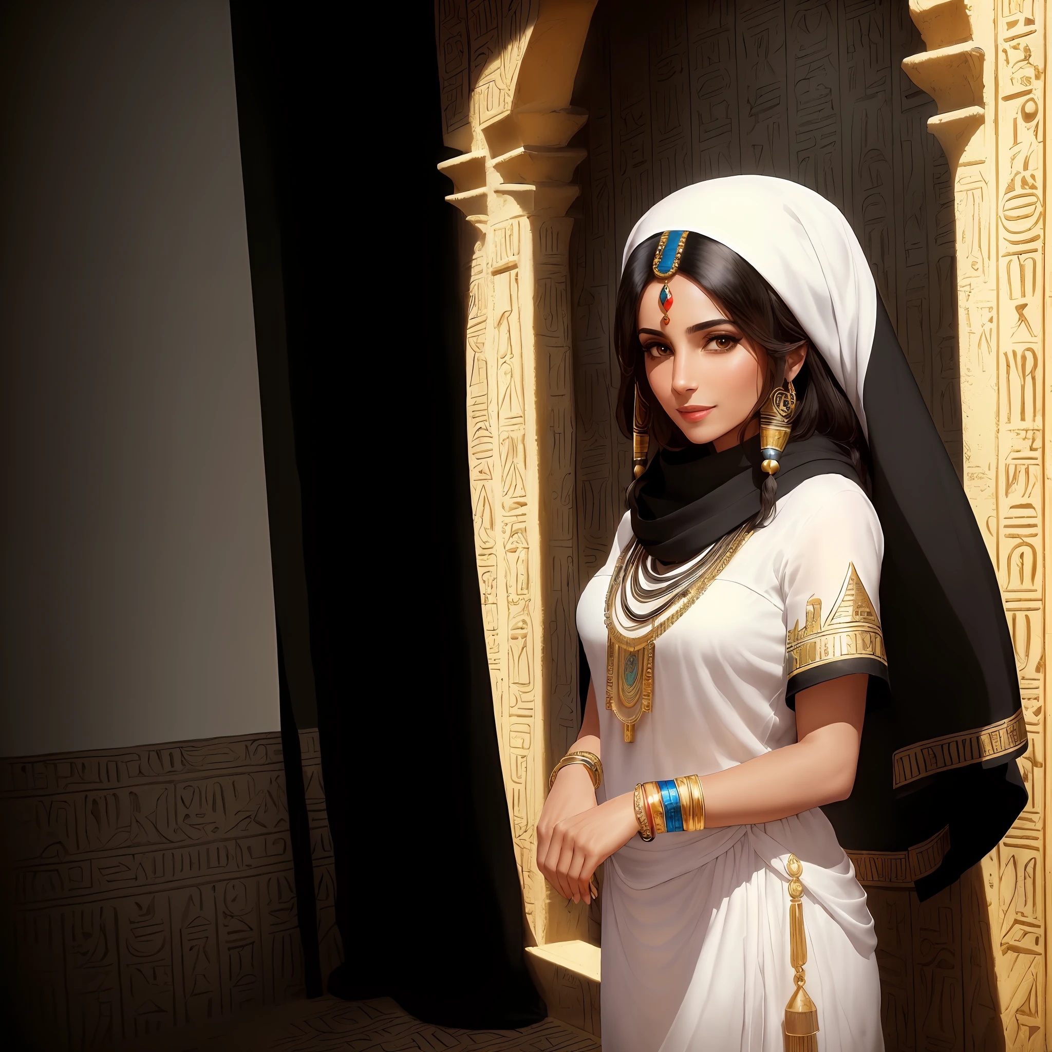 (masterpiece, best quality: 1.2), (background black #000000), ((image with black background)), (high contrast), an egyptian woman of (((25 years))), brunette hair, with white scarf on her head, light smile, looking at the viewer, eye of Horus, Egyptian clothes, white dress, jewelry, necklace, bracelet, armband, indoors