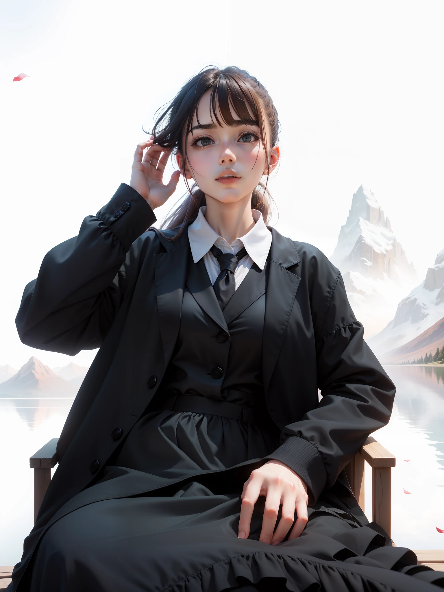 best quality, masterpiece, very detailed, detailed background, anime, woman, sexy, hands down, long hair, modern, red dress, outdoor, sunset, beautiful sky, picnic on lake, landscape, landscape, horizon, mountain sitting near mountains, wind, petals, looking away, atmospheric lighting, individual focus, close up, from side, depth of field, bokeh --auto --s2