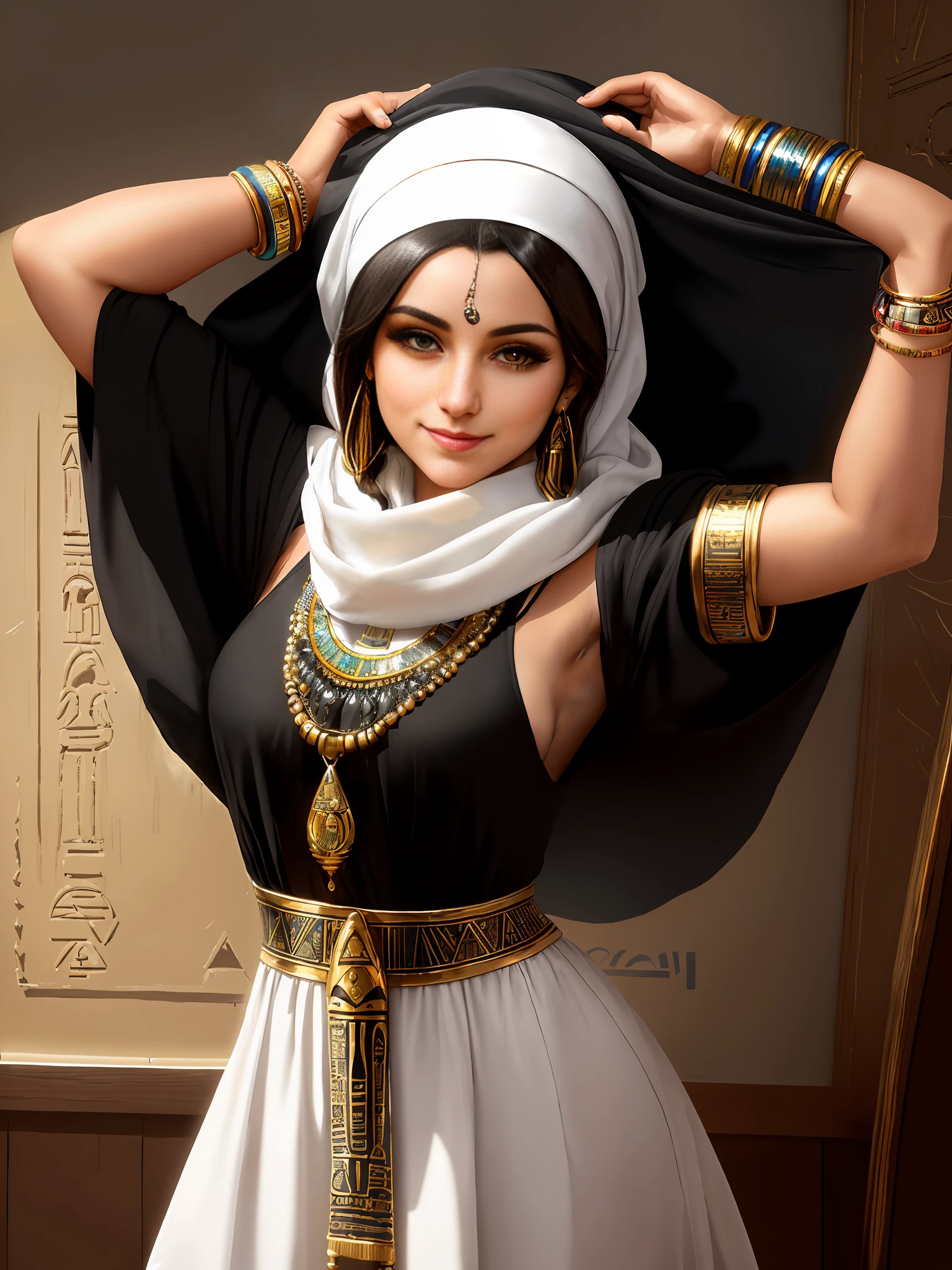 (masterpiece, best quality: 1.2), ((image with black background)), (high contrast), an Egyptian woman from (((25 years))), brunette hair, with white scarf on her head, light smile, looking at the viewer, eye of Horus, Egyptian clothes, white dress, jewelry, necklace, bracelet, armband, indoors