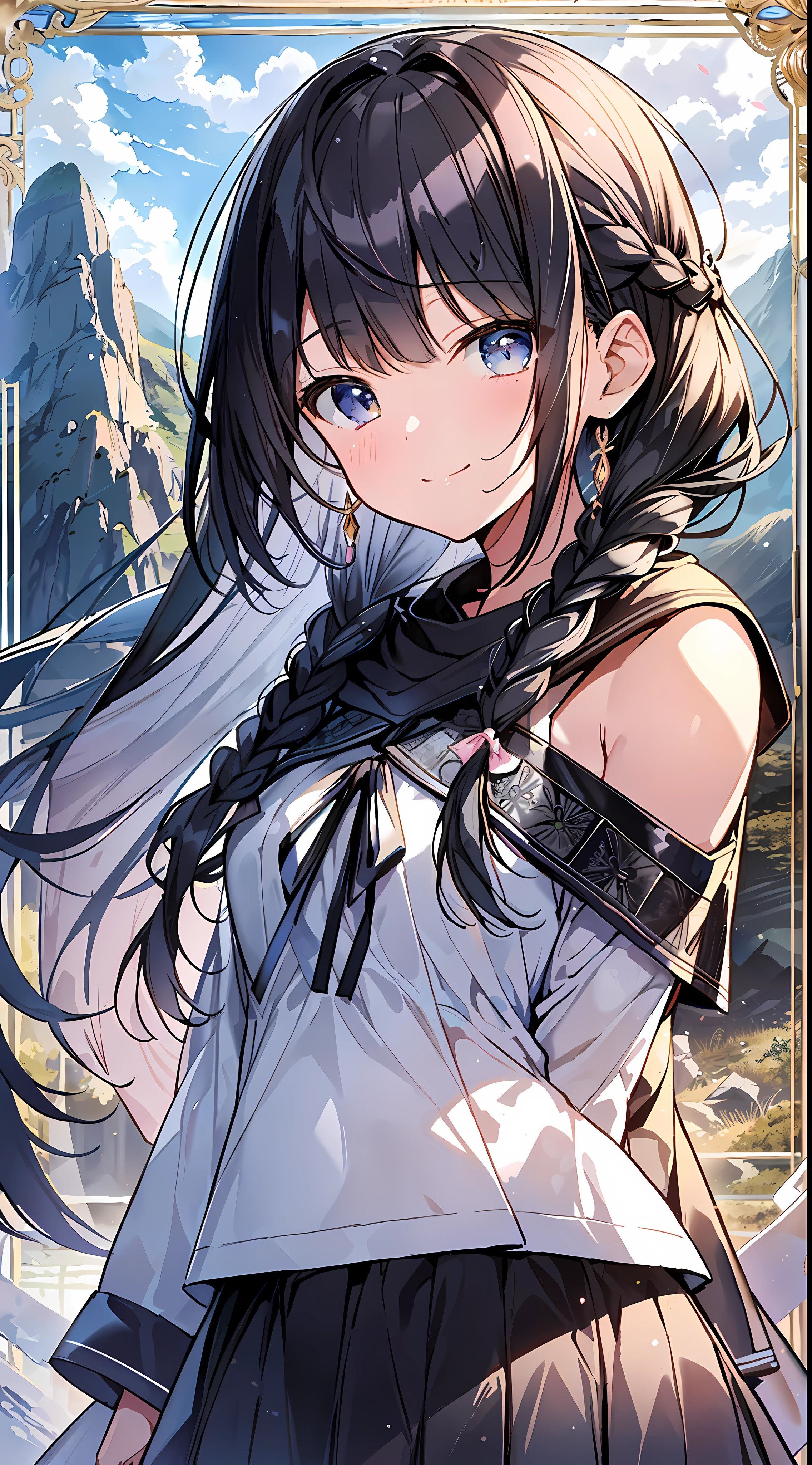 Top Quality, Masterpiece, Ultra High Definition, 8K, Summer Sky, Early Summer, (Flared Skirt, Poncho, Yellow Cape), Shojo Manga Style , One, Soft Line Art, Digital Enhancement, Shojo Manga Touch, Shoujo Manga Core, Flowing Fabric, Close Up, (Hair length to shoulders and short braids)), Wet hair, Soft drawing, Fluffy, Soft, Beautiful black hair, Clear eyes, ( Teasing smile)), ultra-detailed digital anime art, clear face depiction, ultra-detailed shoujo manga character art, clear facial features, ultra-detailed manga style, top quality colors, hand gestures, mountain landscape, looking up at the sky, foot-up angle, zentangle