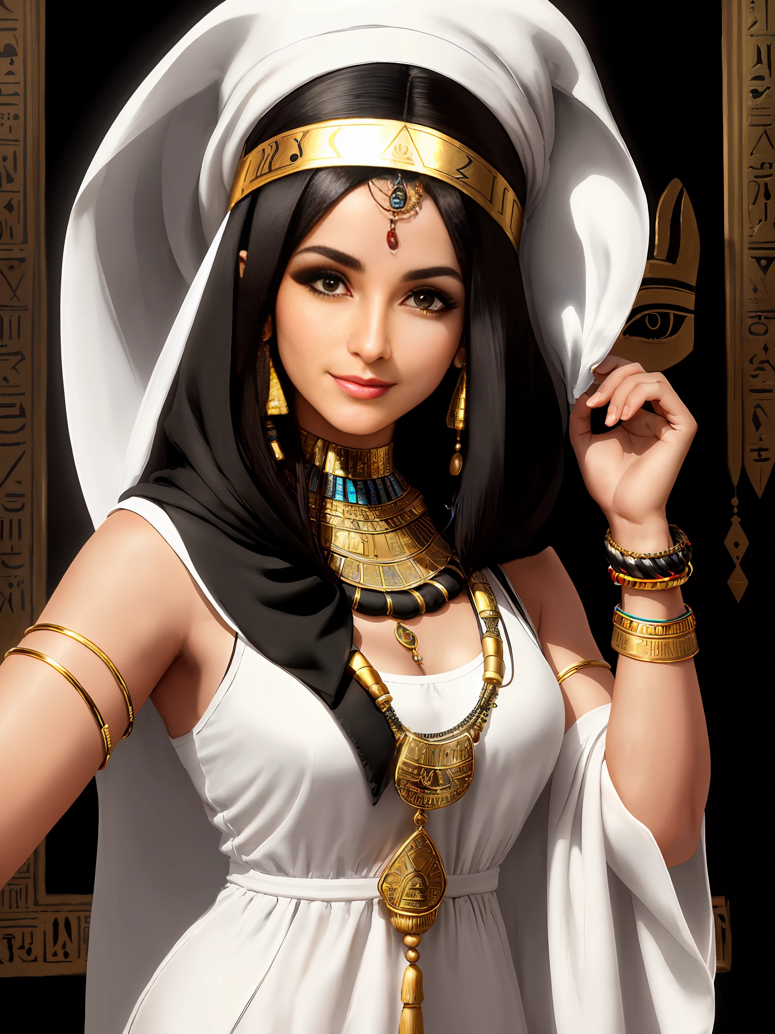 (masterpiece, best quality: 1.2), ((image with black background)), (high contrast), an Egyptian woman from (((25 years))), brunette hair, with white scarf on her head, light smile, looking at the viewer, eye of Horus, Egyptian clothes, white dress, jewelry, necklace, bracelet, armband, indoors