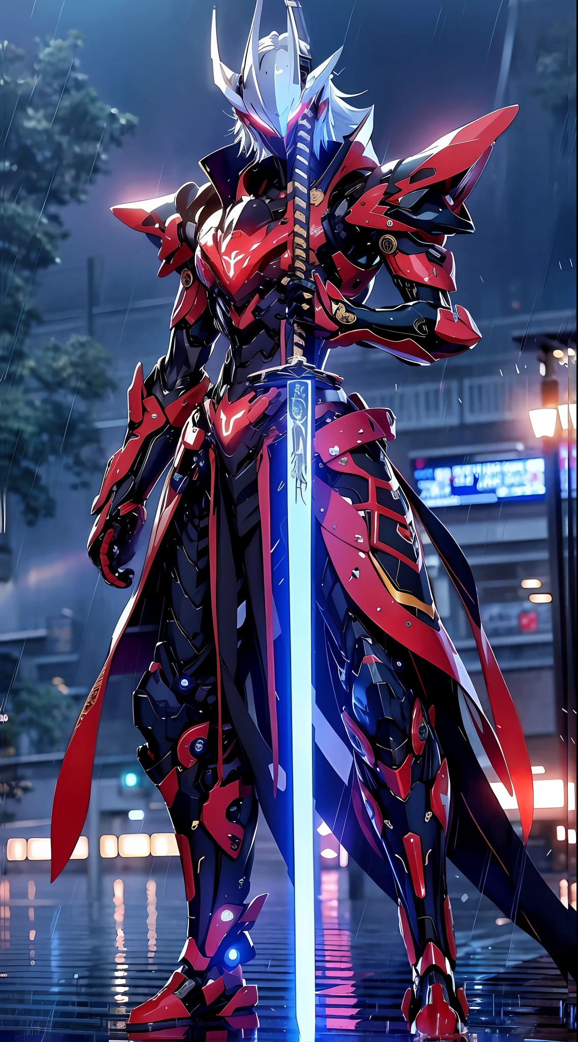 a close up of a person with a sword in a city, very beautiful cyberpunk samurai, katana zero video game character, cyborg samurai, red armor, cyberpunk samurai, cool mecha style, anime mecha aesthetic, cyber japan style armor, badass anime 8 k, from arknights, cyber japan samurai armor, cyberpunk anime girl mech, anime concept hdr anime macmanus